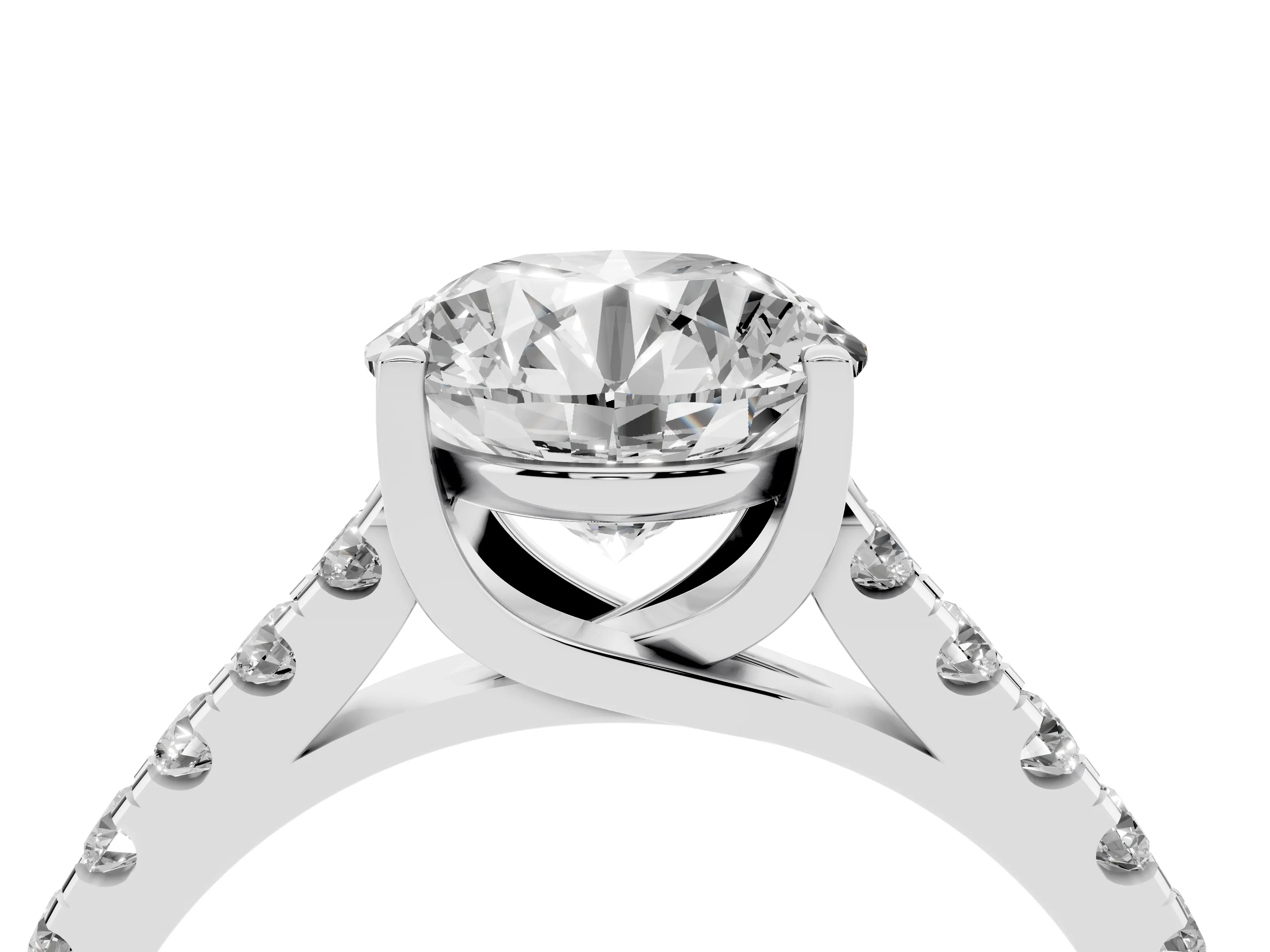 Round Cut Diamond Pavé Band Solitaire Ring Set in White gold with Partway Accent Stones and Prong Setting