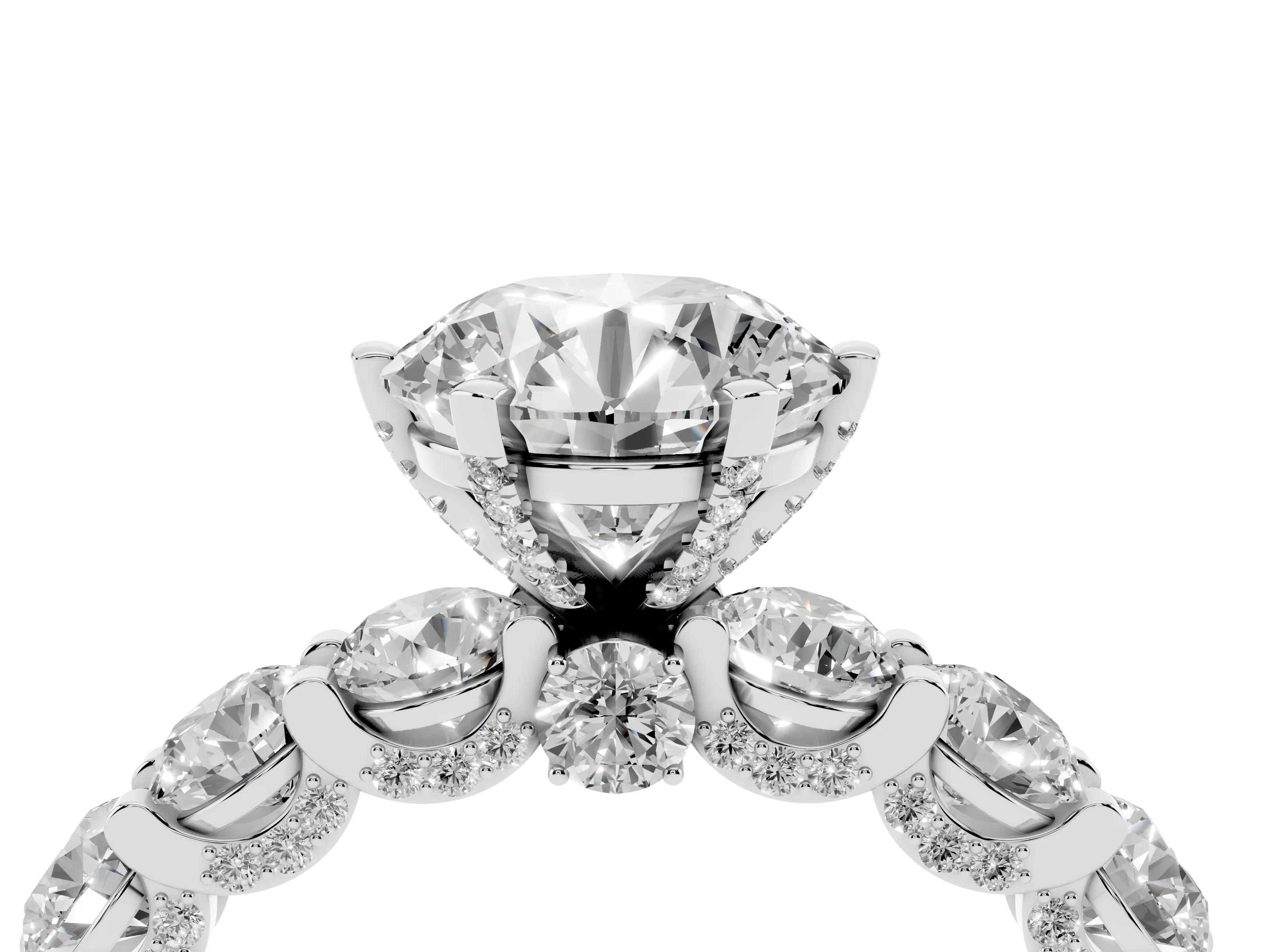 Round Cut Diamond Side Stone Ring Set in Silver with Alternating Round and Oval Side Stones