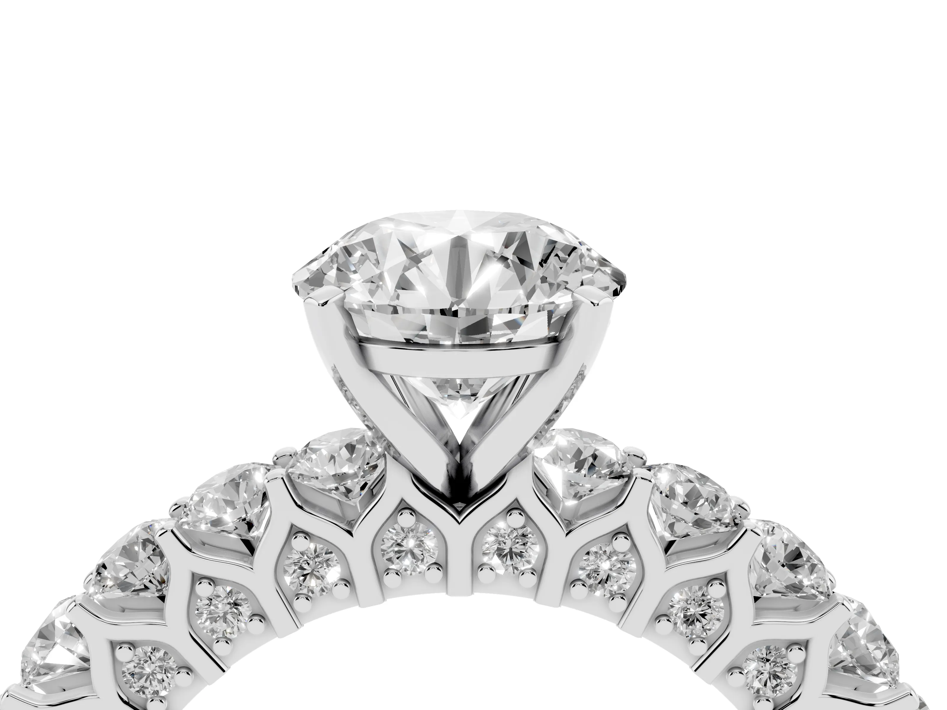 Round Cut Diamond Solitaire Ring Set in Platinum with Shared Prong Pavé Band