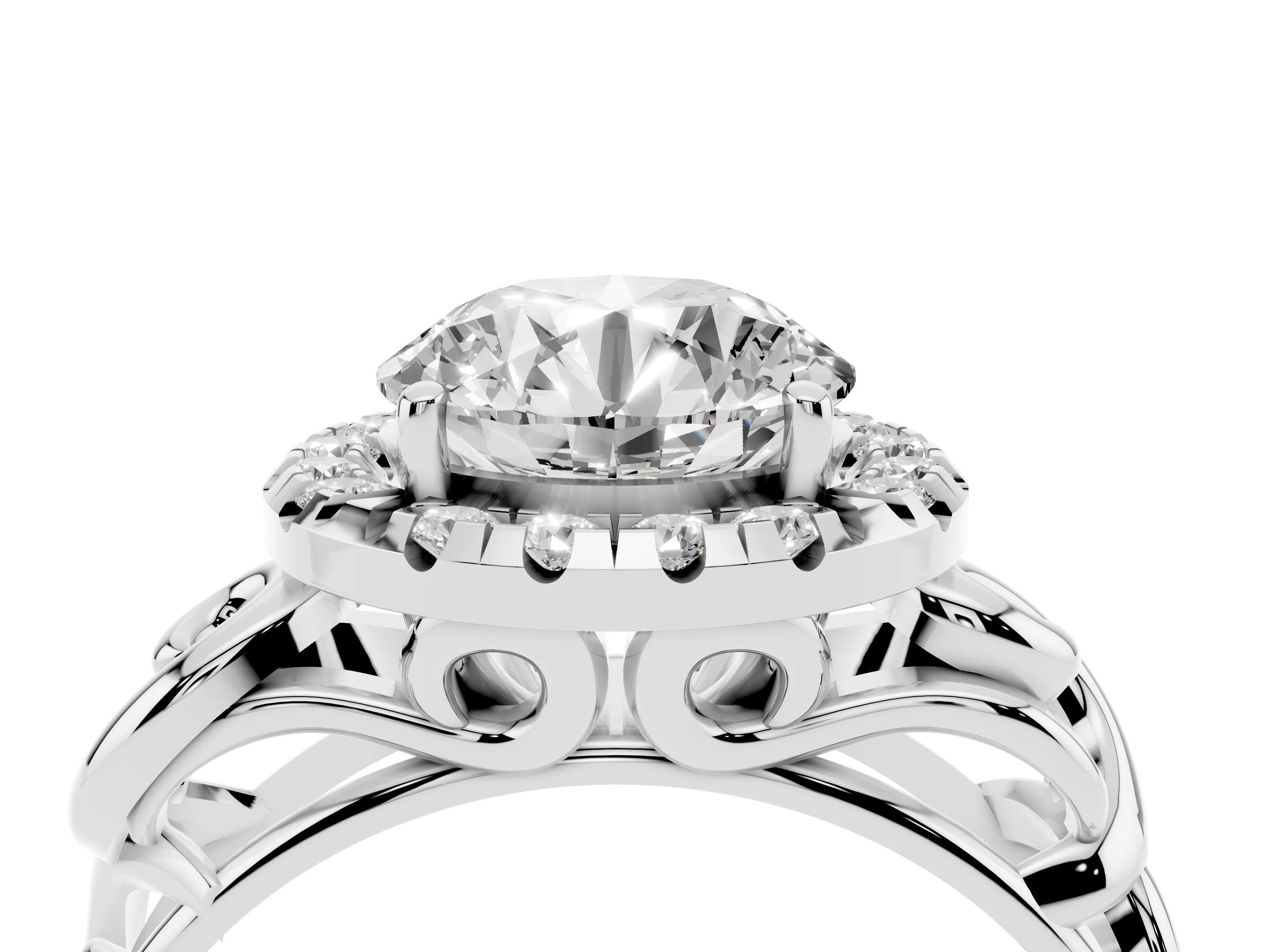Round Cut Diamond Halo Ring Set in Platinum with Scrollwork Band and Prong Setting