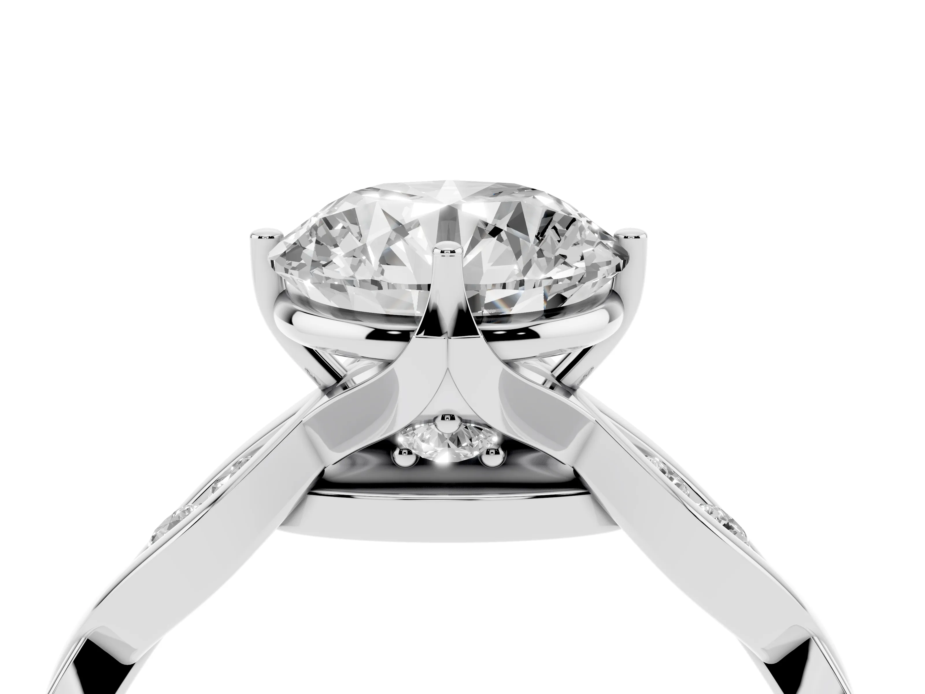 Round Cut Diamond Twist Band Solitaire Ring Set in Platinum with Leaf Prong Setting and Accent Stones