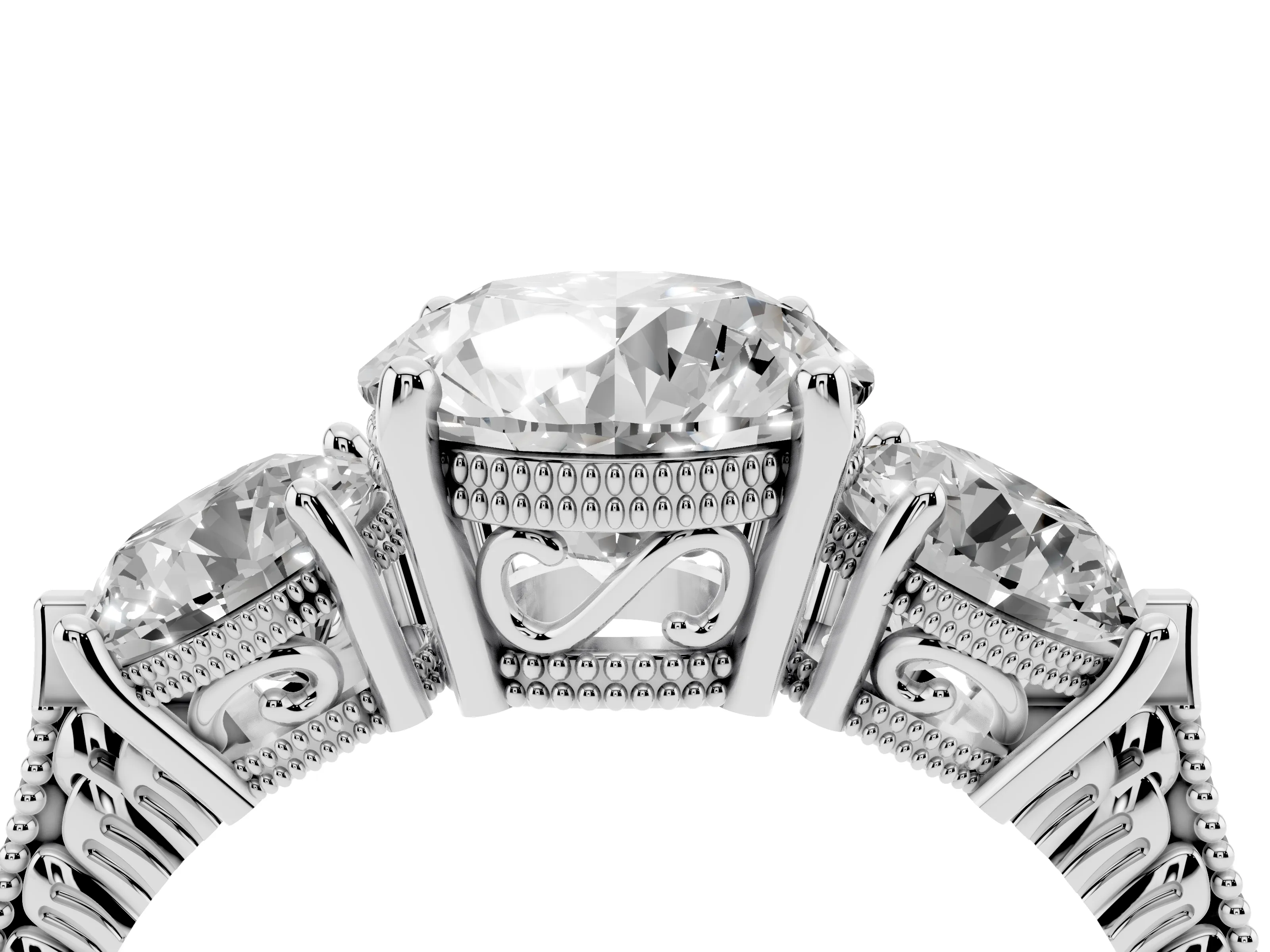 Round Cut Diamond Three-Stone Ring Set in Platinum with Milgrain Band
