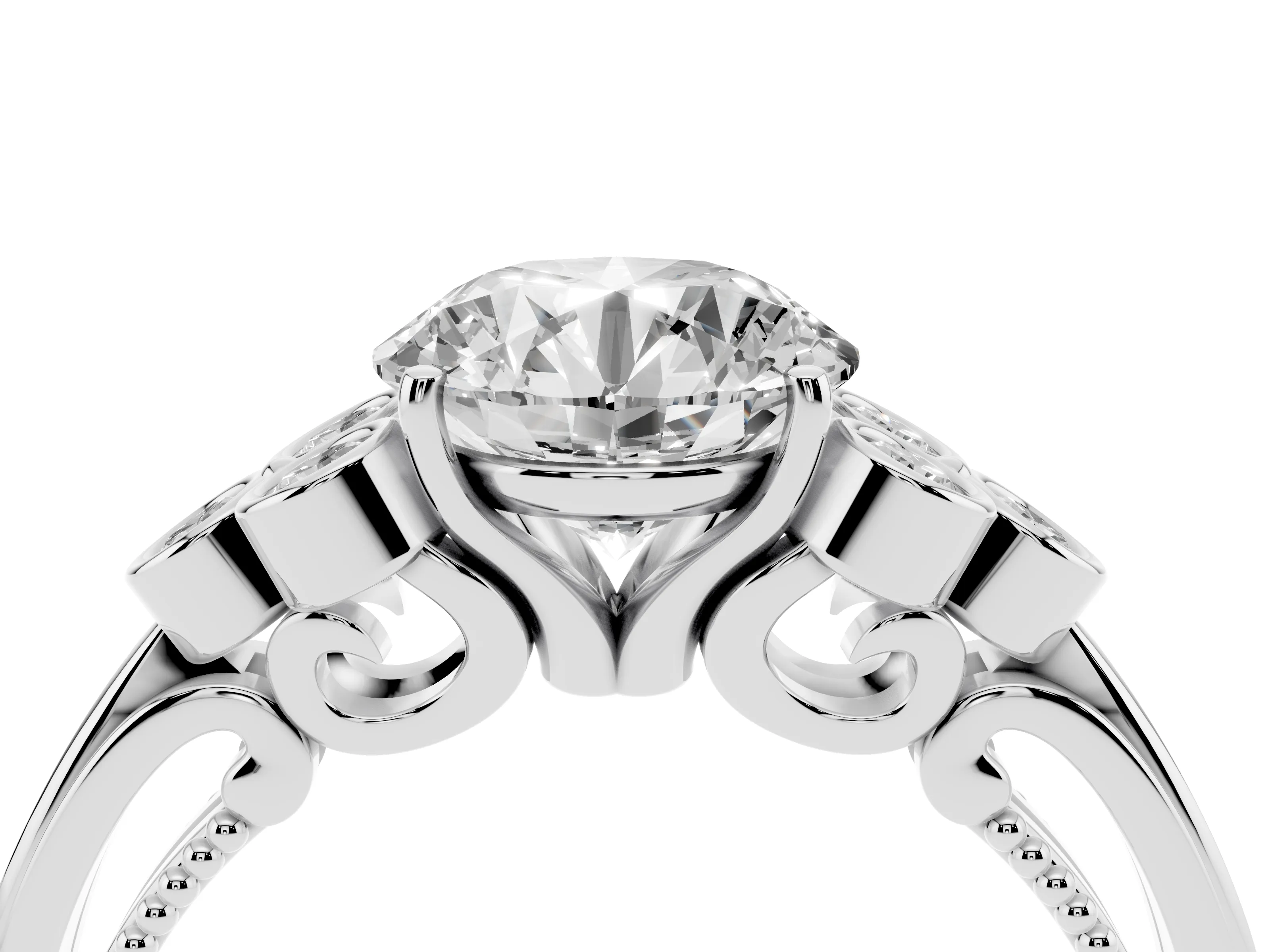 Round Cut Diamond Engagement Ring Set in Platinum with Bezel Set Round Side Stones and Prong Setting