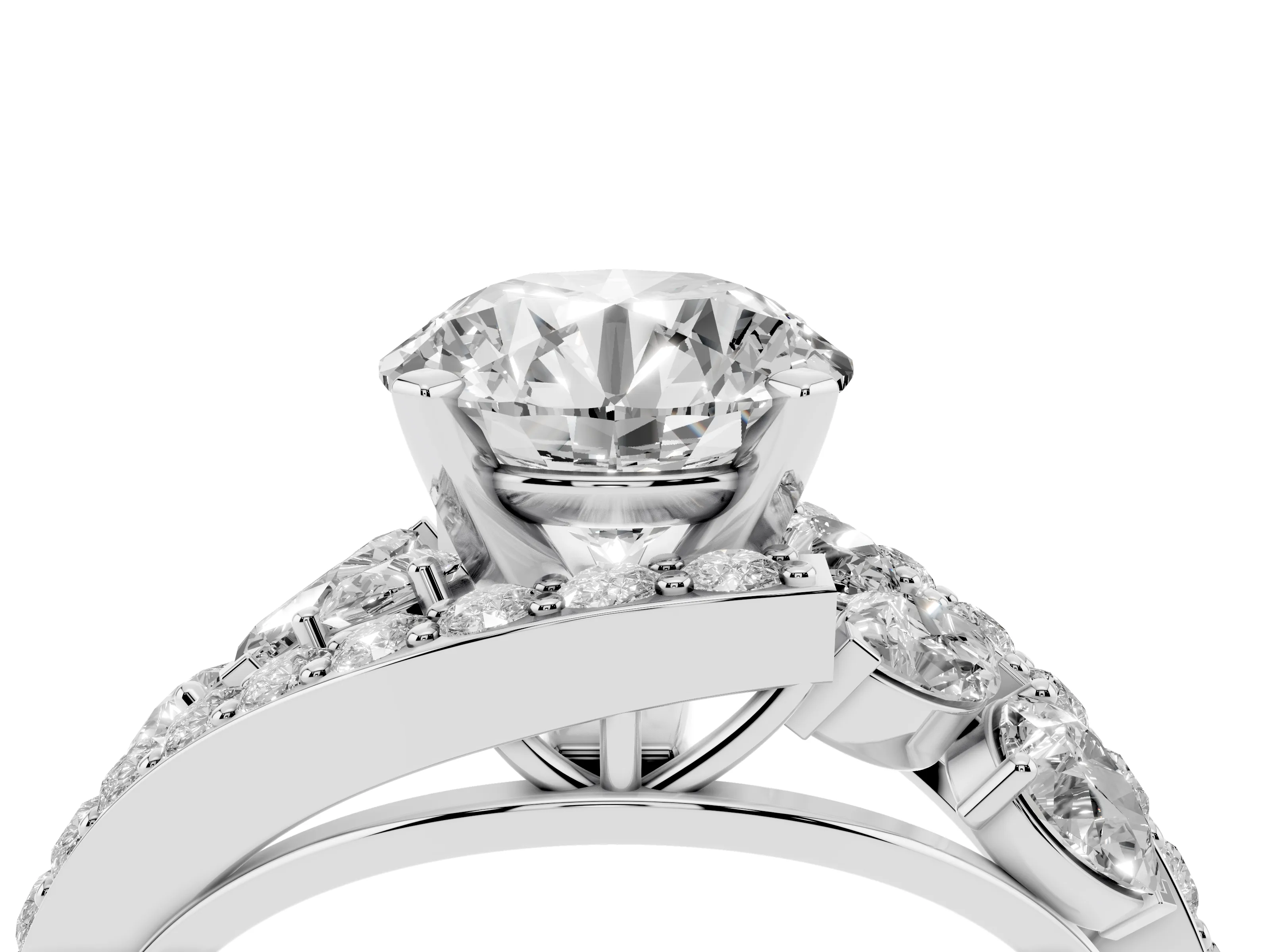 Round Cut Diamond Halo Ring Set in Platinum with Marquise and Pavé Band in Prong Setting