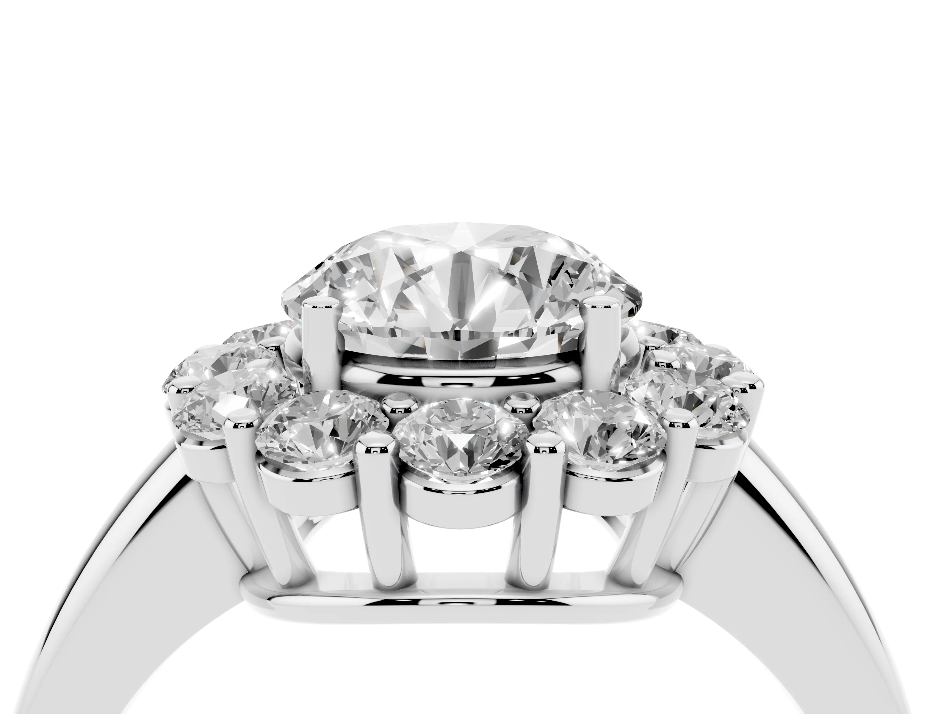 Round Cut Diamond Halo Cluster Engagement Ring Set in Platinum with Polished Band and Prong Setting