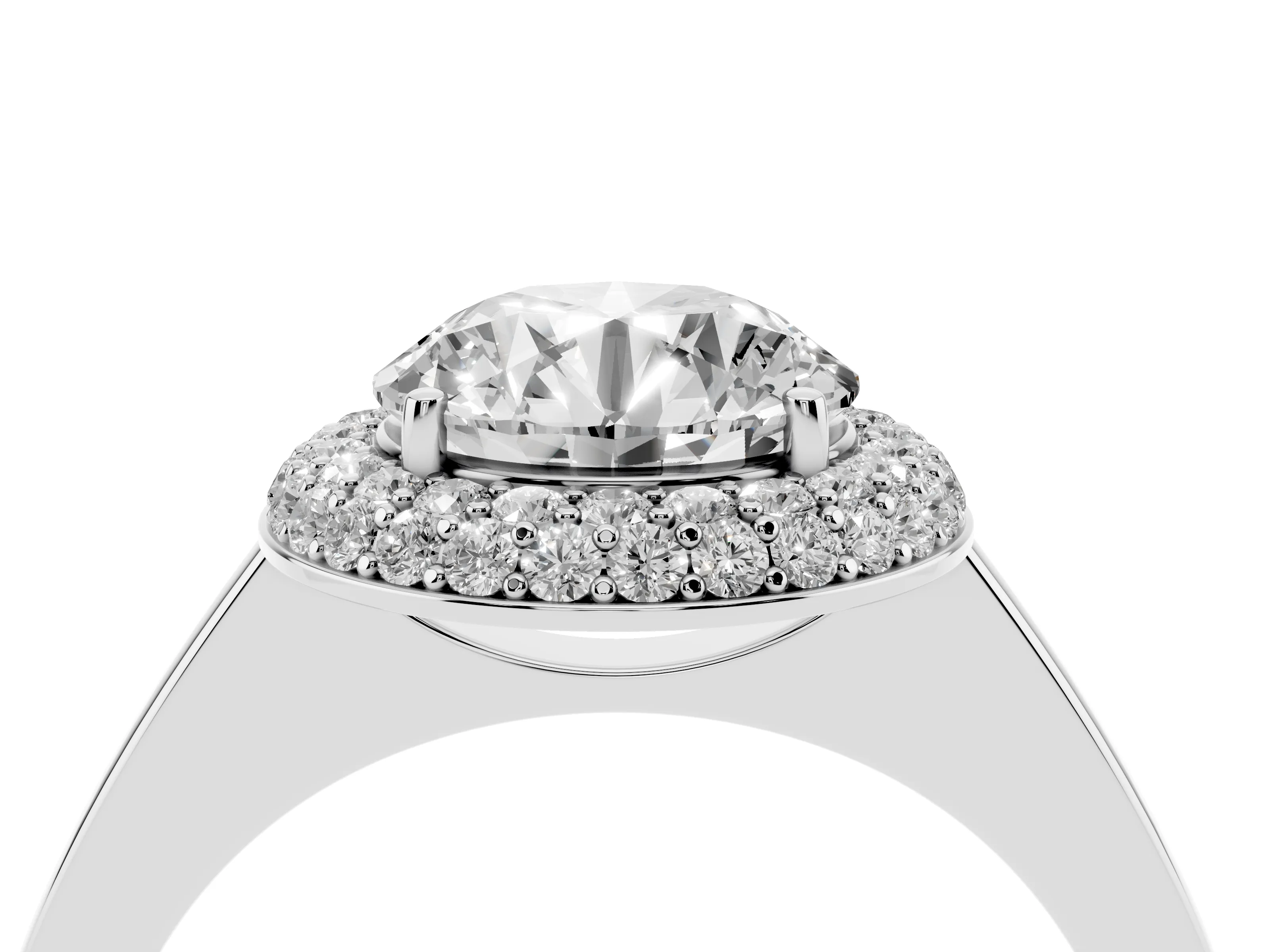 Round Cut Diamond Halo Engagement Ring Set in Platinum with Solitaire Band and Prong Setting