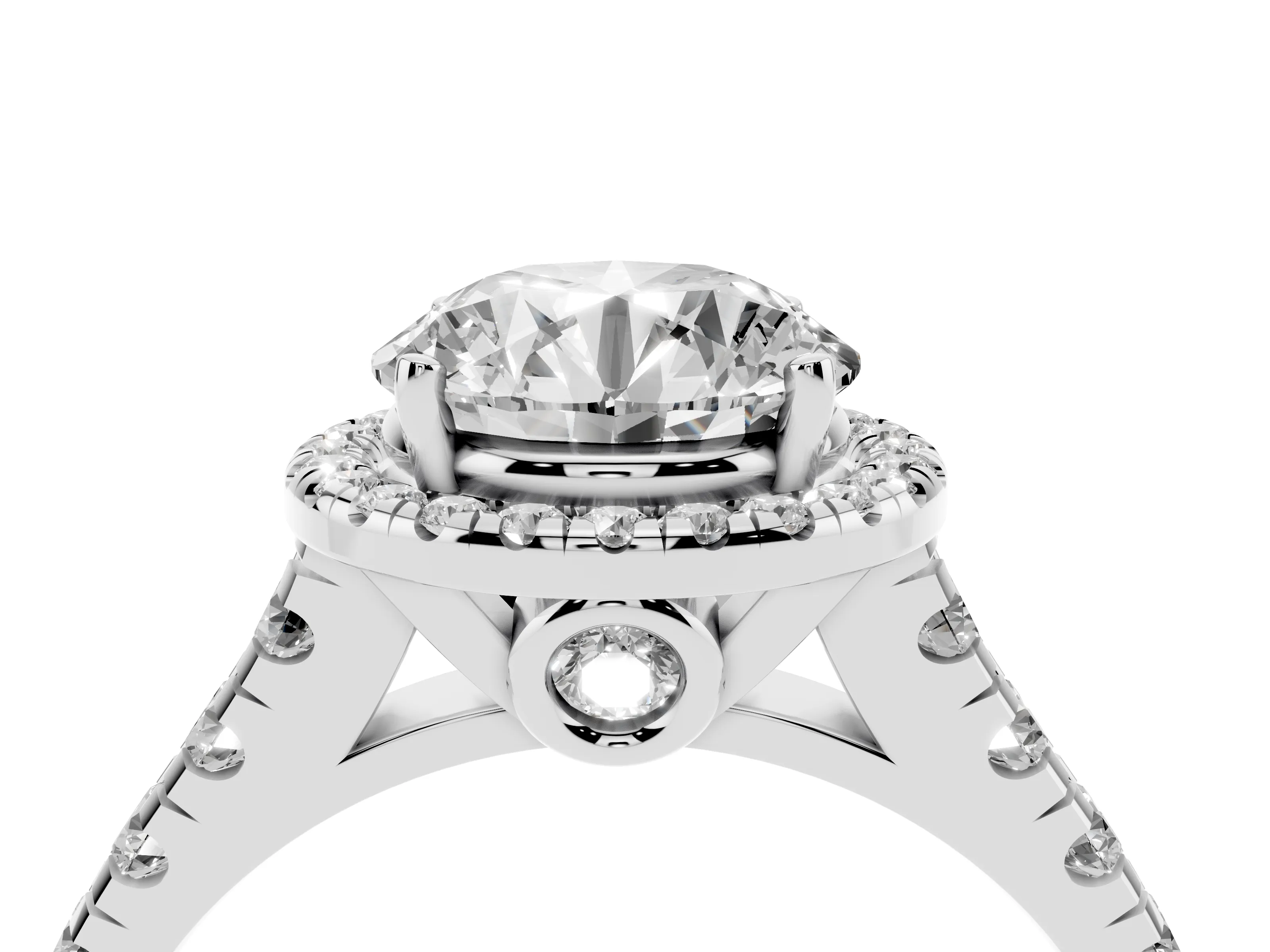 Round Cut Diamond Halo Engagement Ring Set in White gold with Pavé Band and Prong-Set Center