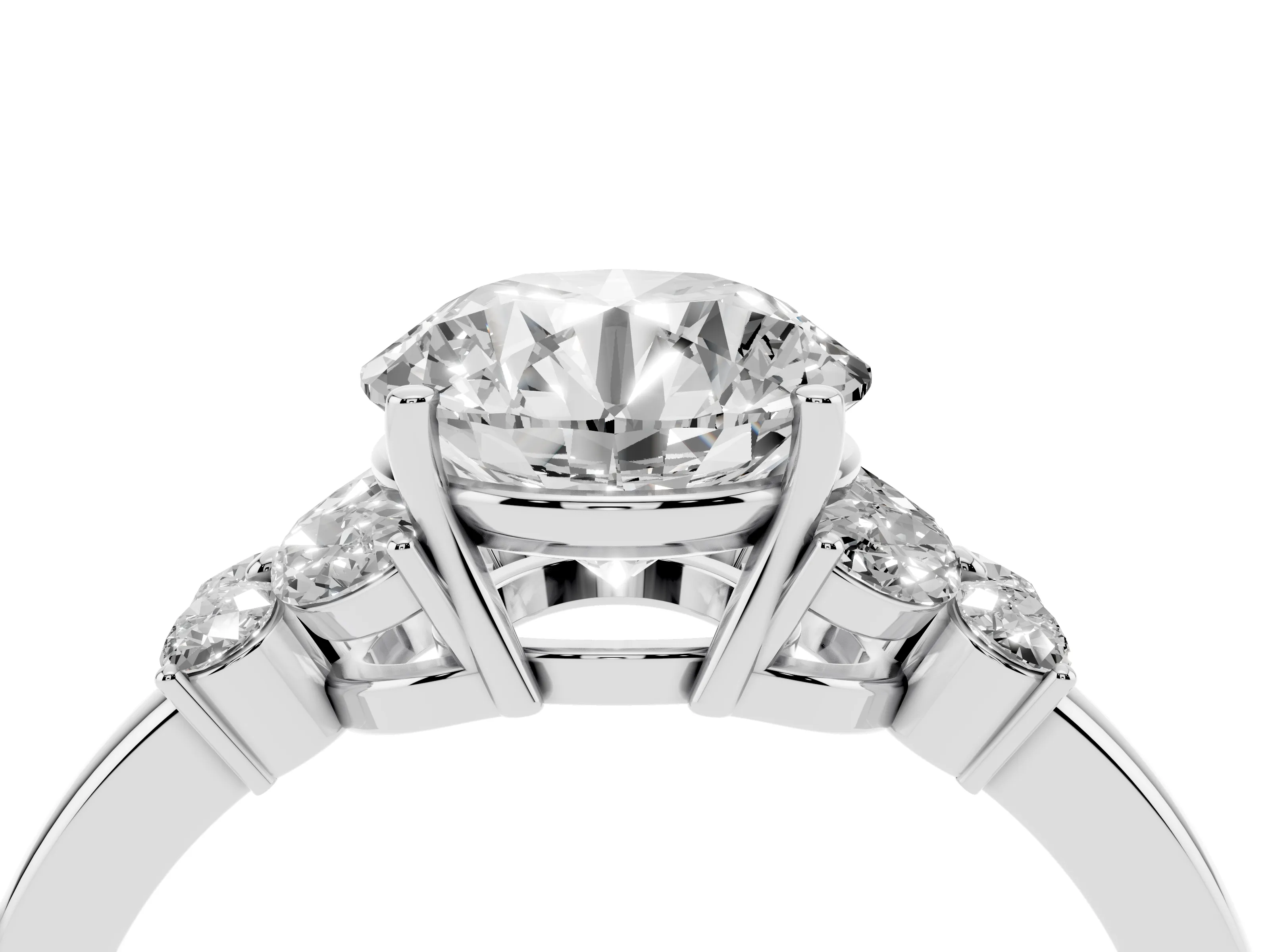 Round Cut Diamond Solitaire Floral Ring Set in Silver with Marquise Petals and Prong Setting