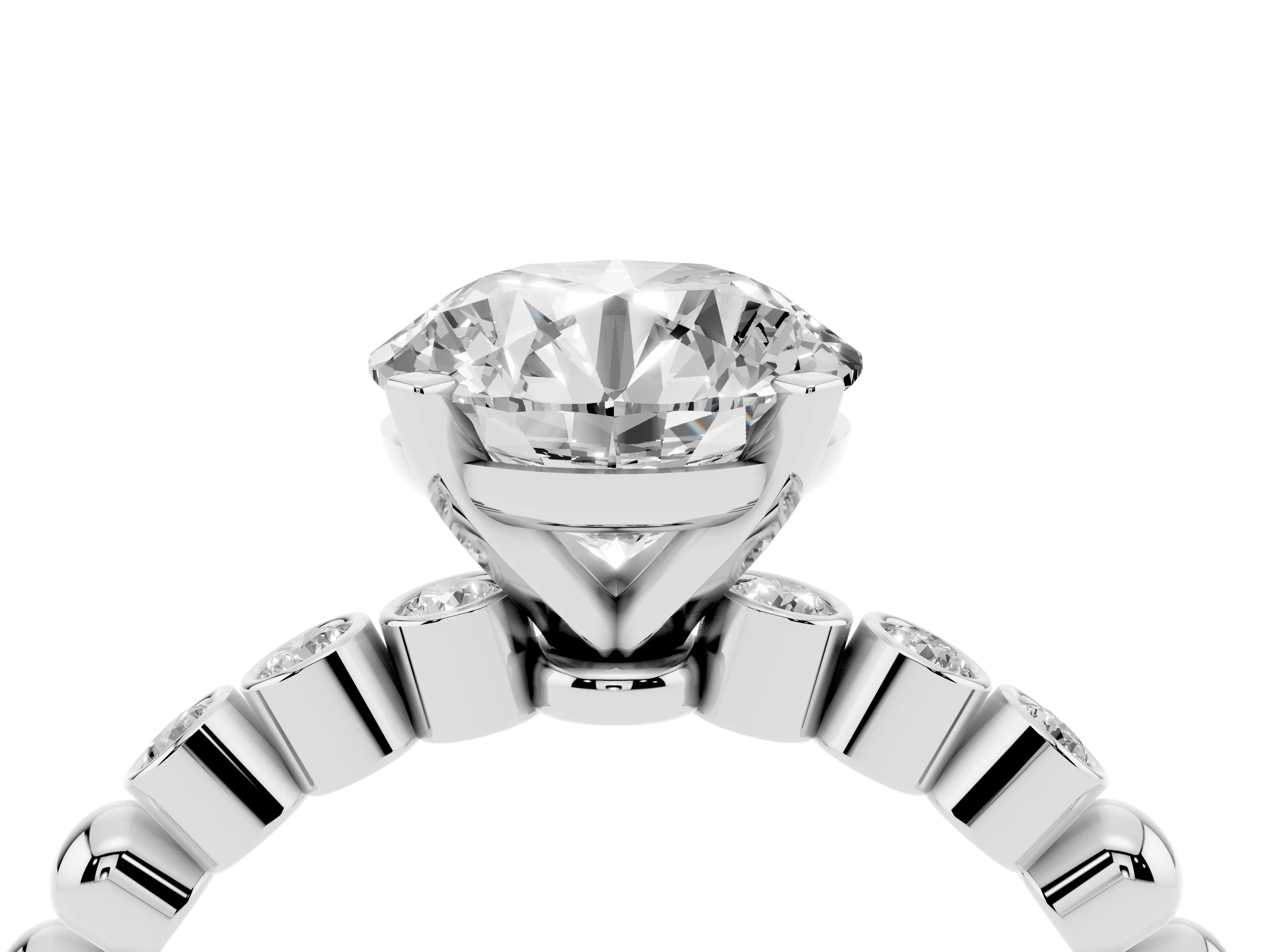 Round Cut Diamond Solitaire Engagement Ring Set in Silver with Bezel Accents on Beaded Band