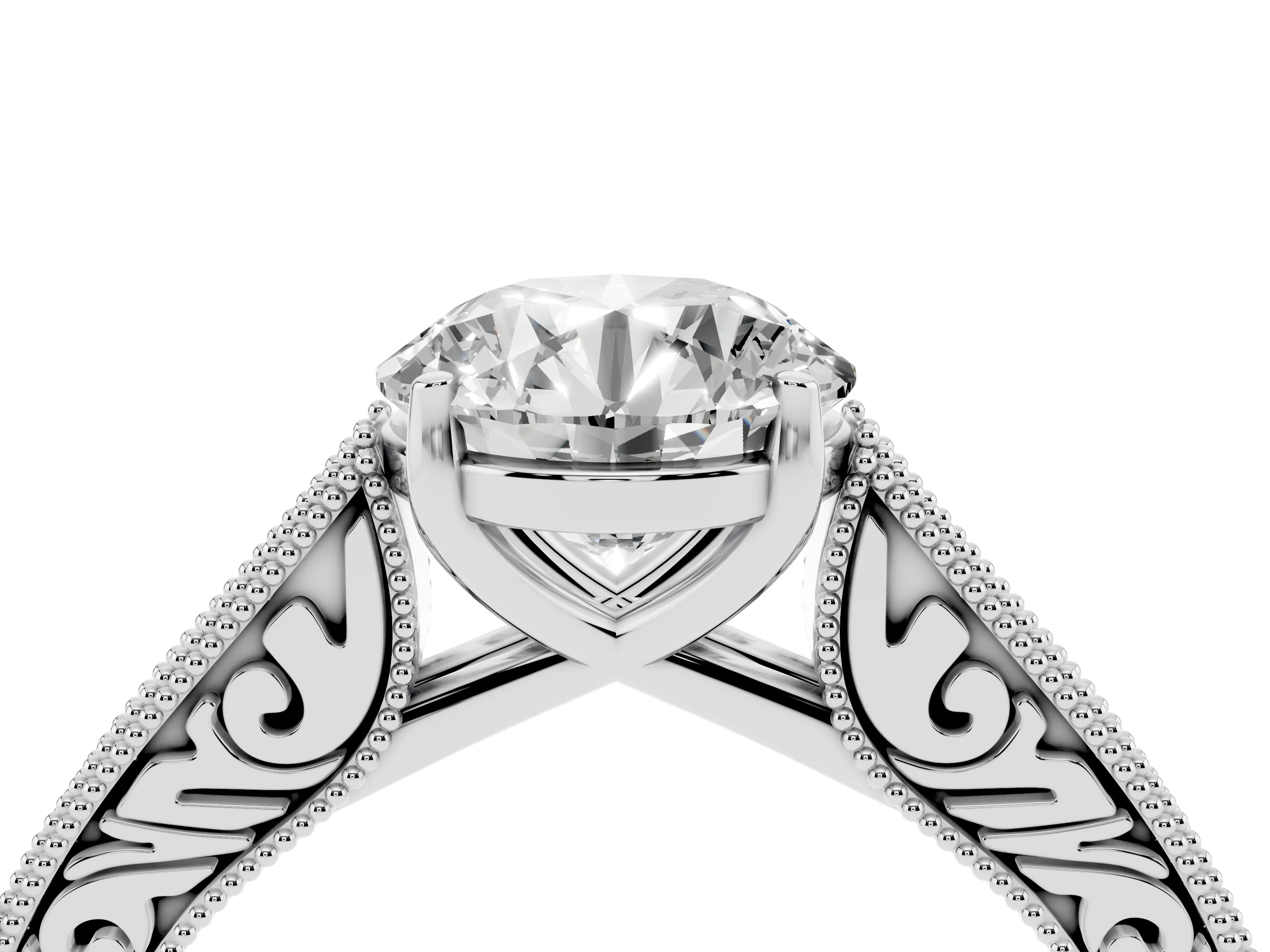 Round Cut Diamond Milgrain Pavé Band Solitaire Ring Set in Silver with Prong Setting