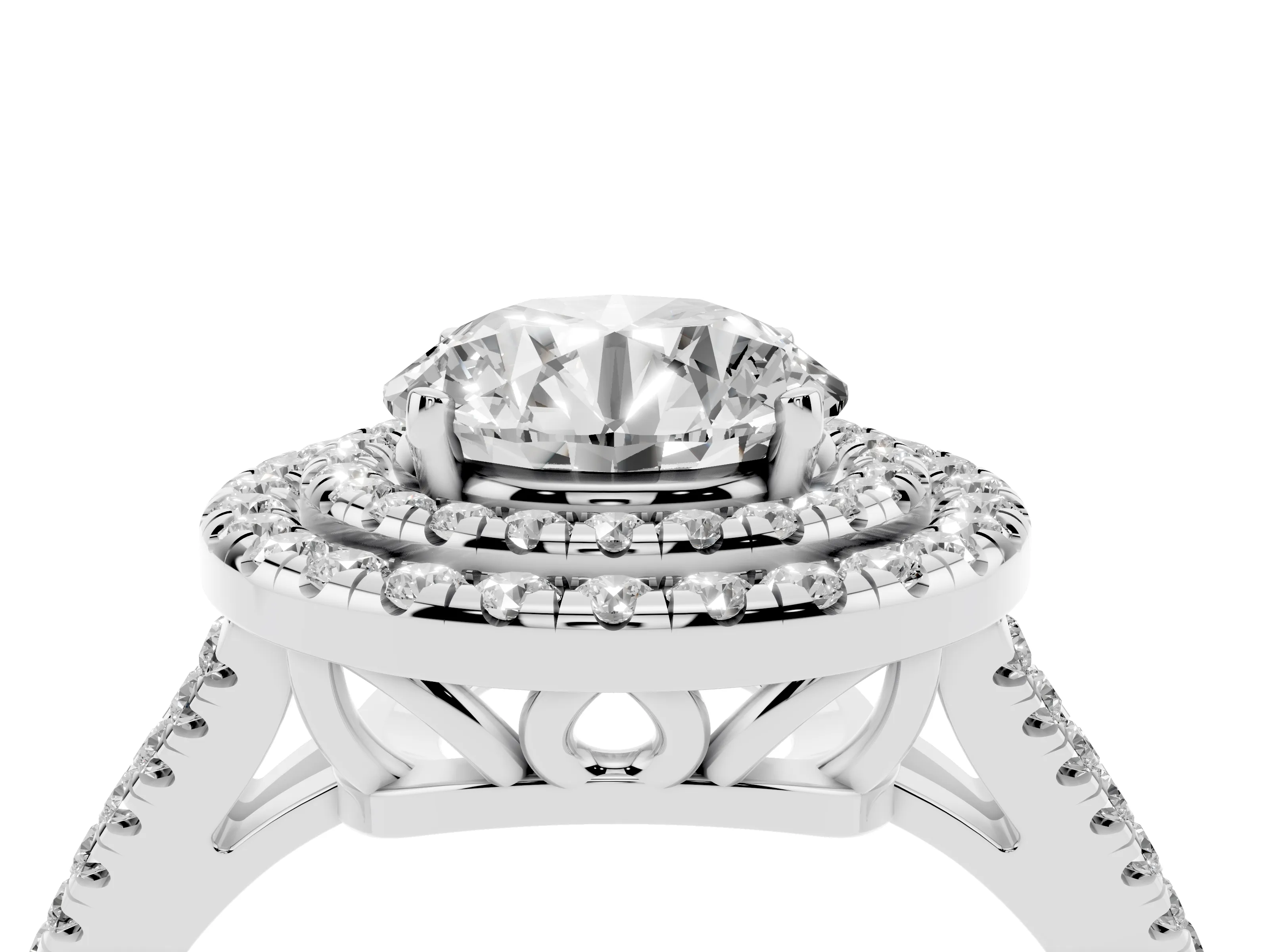 Round Cut Diamond Double Halo Ring Set in Silver with Pavé Band