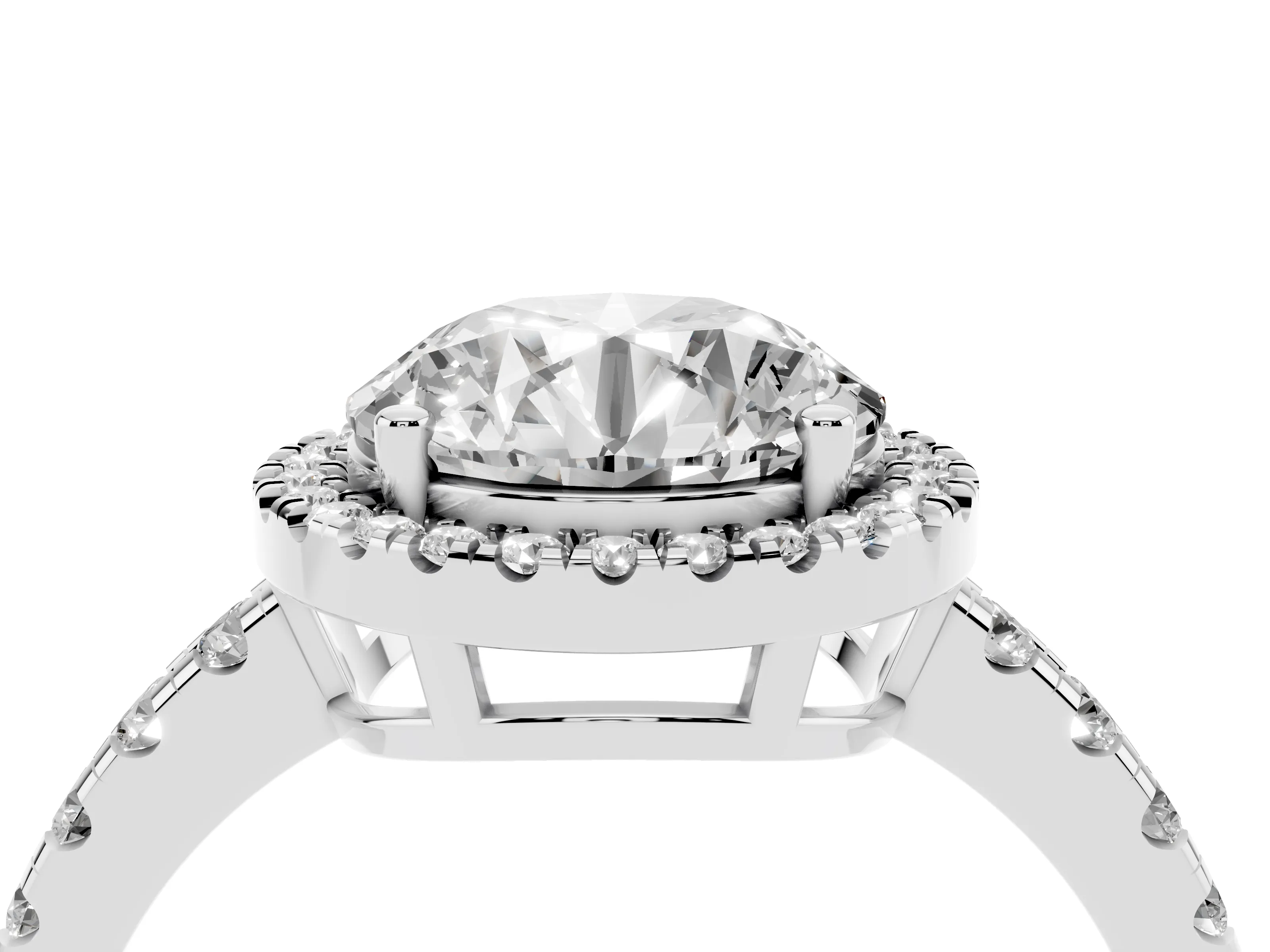 Round Cut Diamond Halo Ring Set in Silver with Delicate Pavé Band and Prong Setting