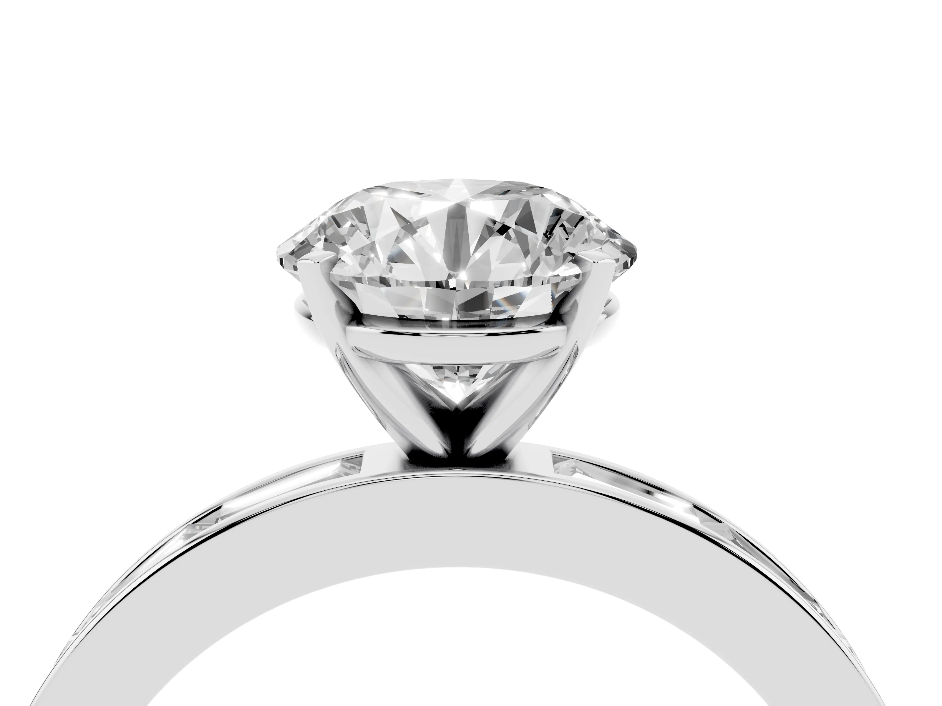 Round Cut Diamond Solitaire Ring Set in White gold with Channel-Set Baguette Band and Prong Setting