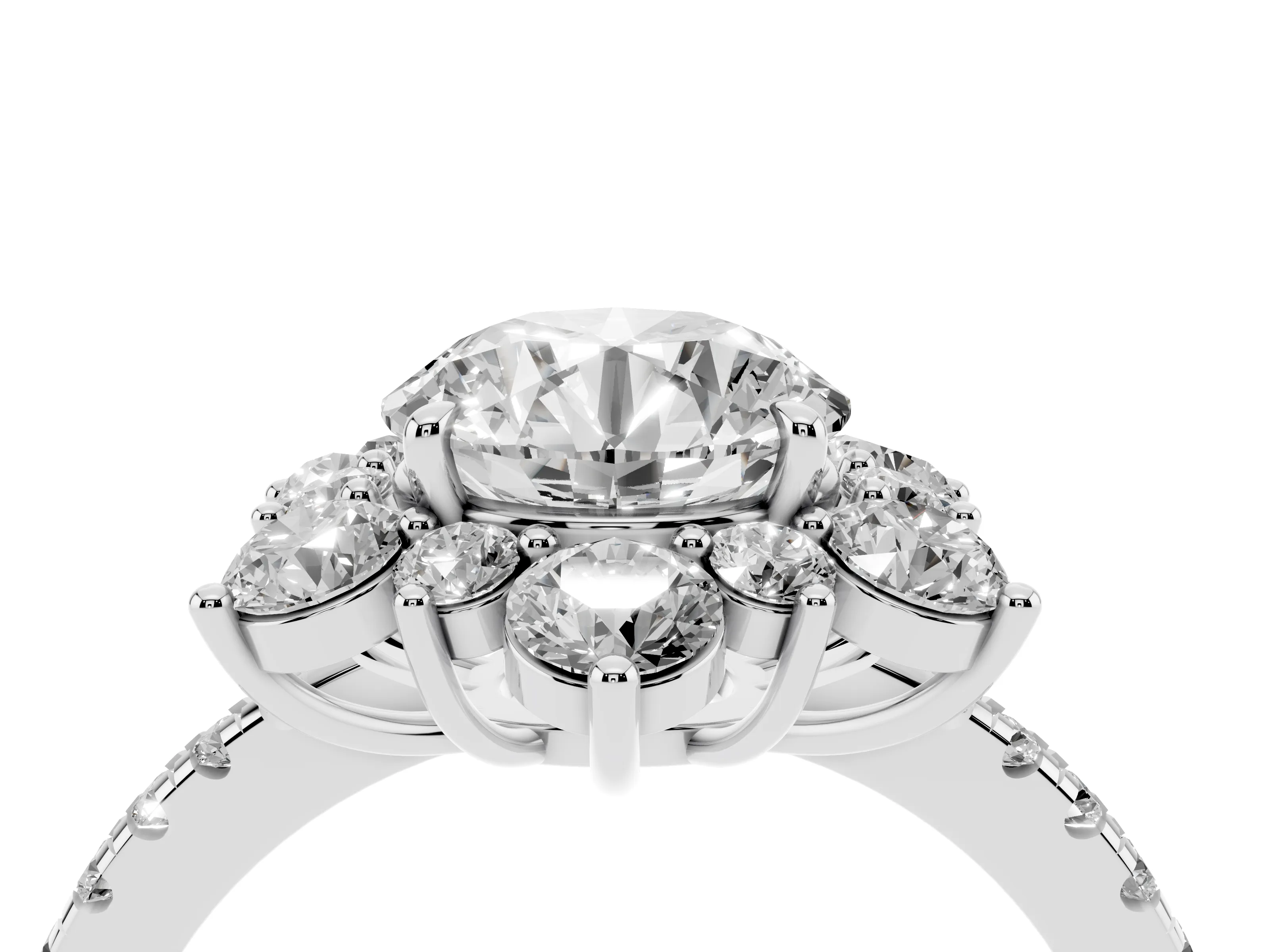 Round Cut Diamond Floral Halo Ring Set in White gold with Round Pavé Band and Prong Setting