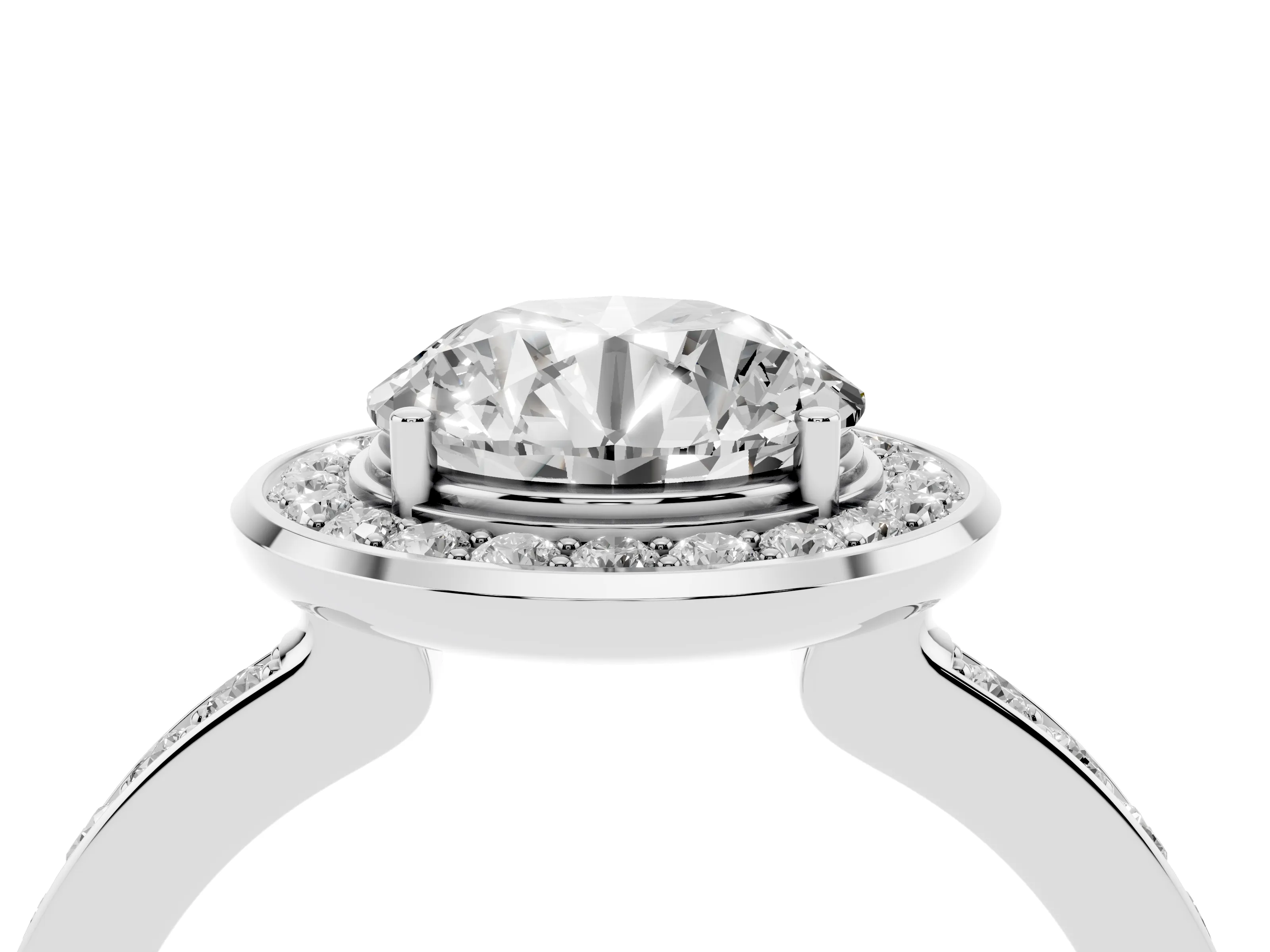 Round Cut Diamond Halo Ring Set in Silver with Bezel Frame and Pavé Band