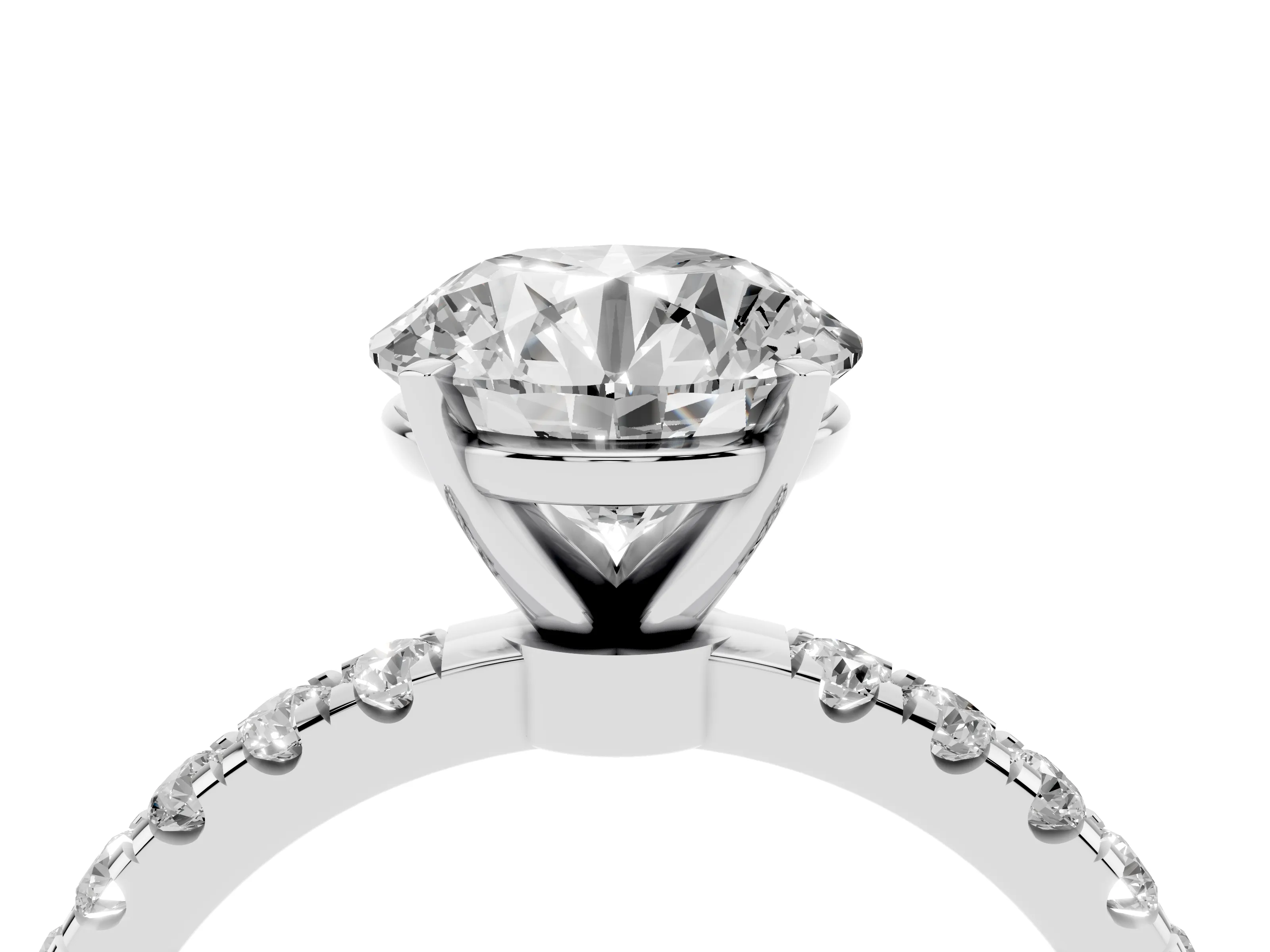 Round Cut Diamond Solitaire Ring Set in Silver with Pavé Accents and Prong Setting