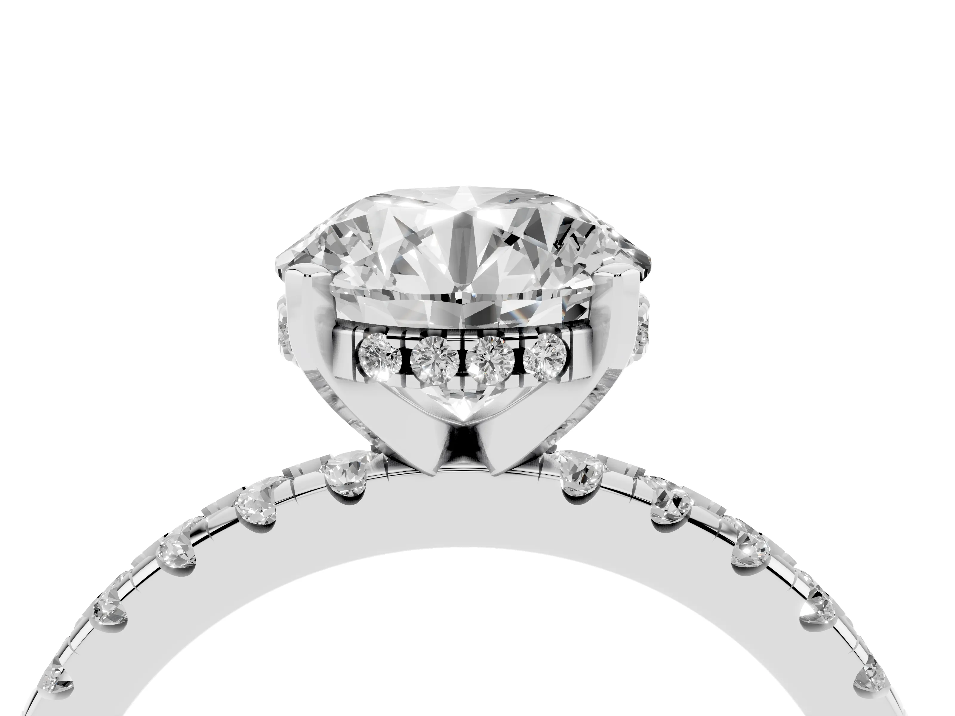 Round Cut Diamond Pavé Solitaire Ring Set in Silver with Round Band Accents and Prong Setting