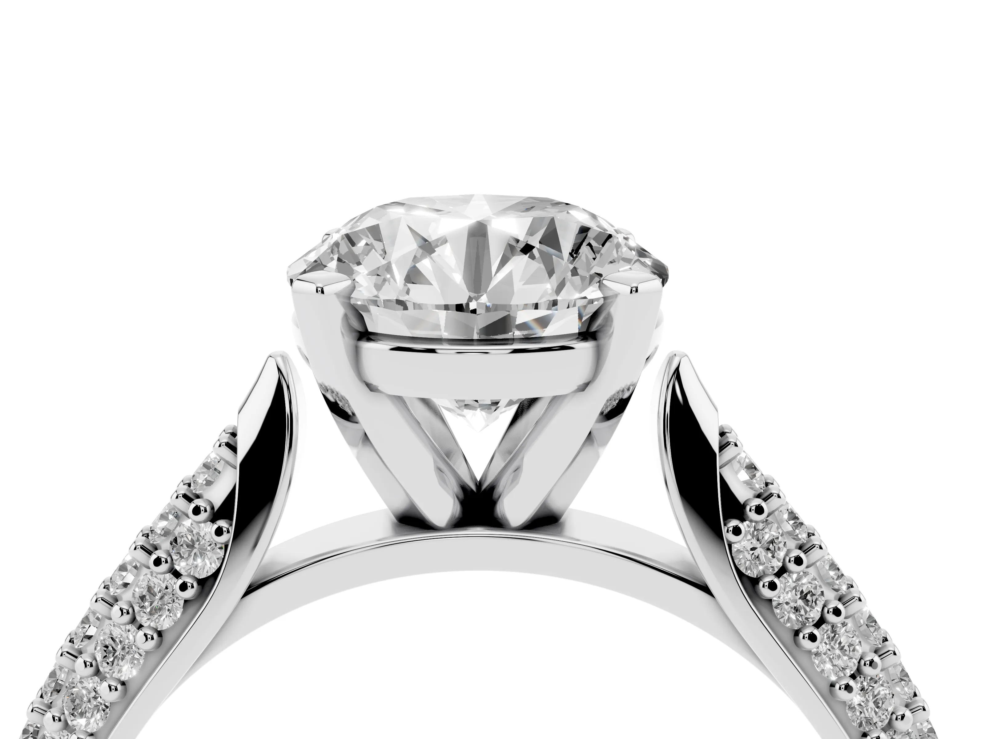 Round Cut Diamond Solitaire Engagement Ring Set in Platinum with Multi-Row Round Pavé Band and Prong Setting