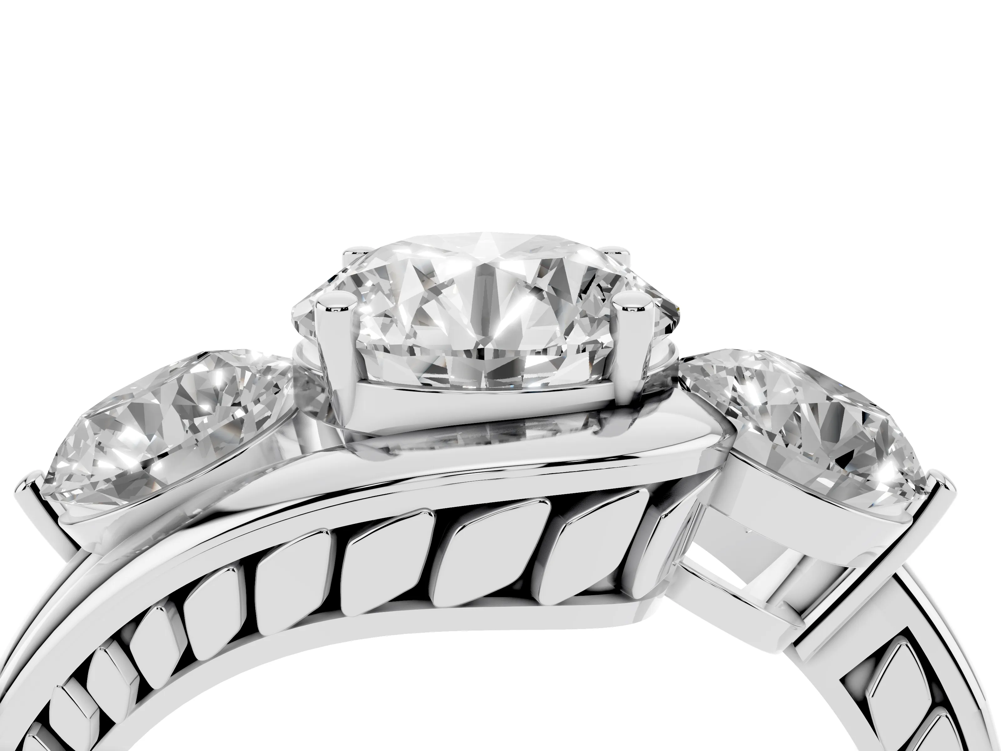 Round Cut Diamond Three-Stone Ring Set in Platinum with Plain Split Shank