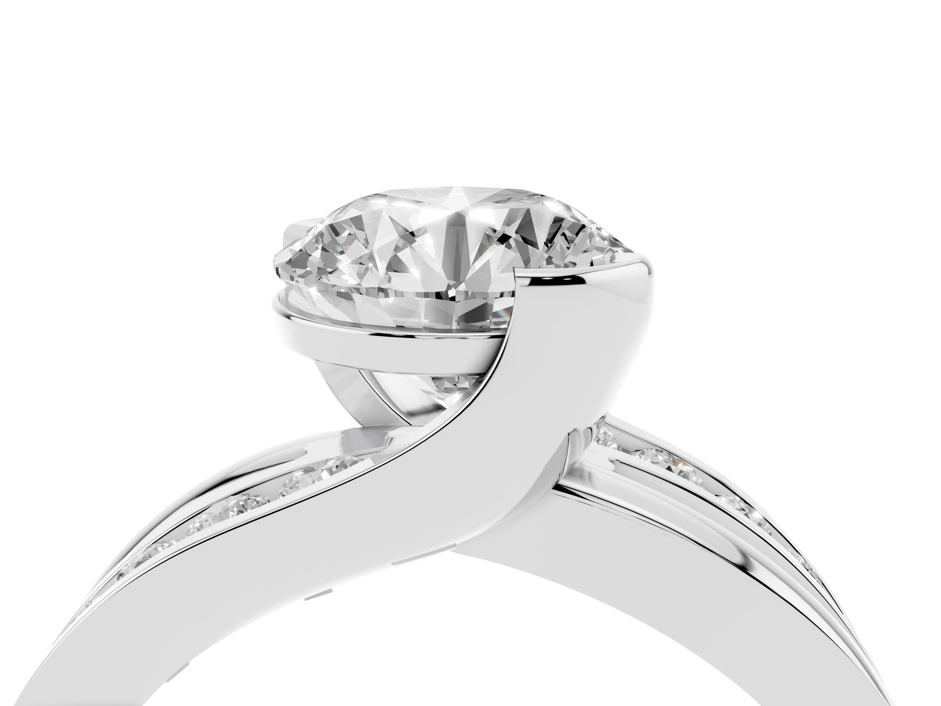 Round Cut Diamond Solitaire Ring Set in Silver with Channel Set Split Shank and Tension Prongs