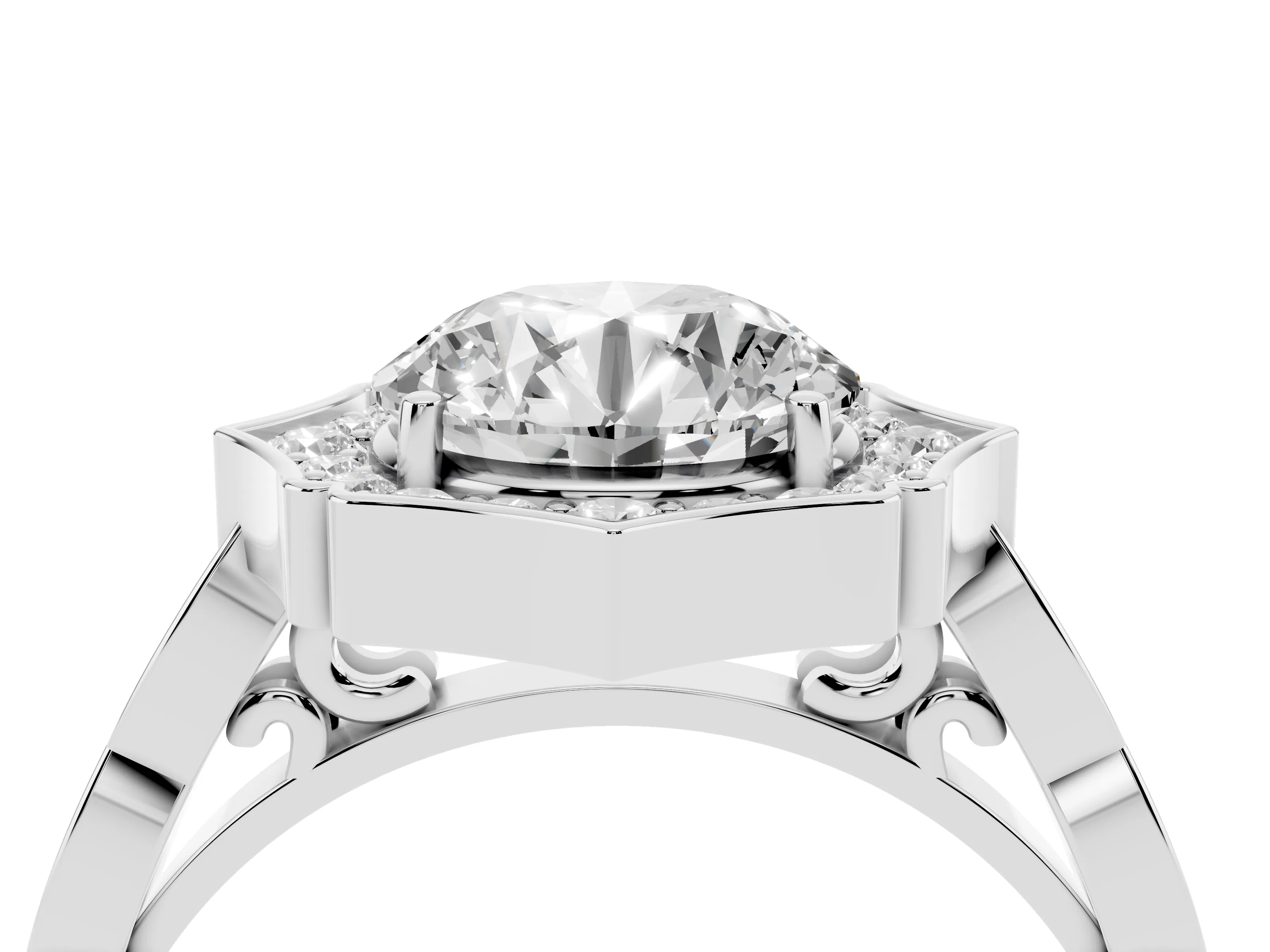 Round Cut Diamond Halo Engagement Ring Set in Platinum with Milgrain Band and Prong Setting