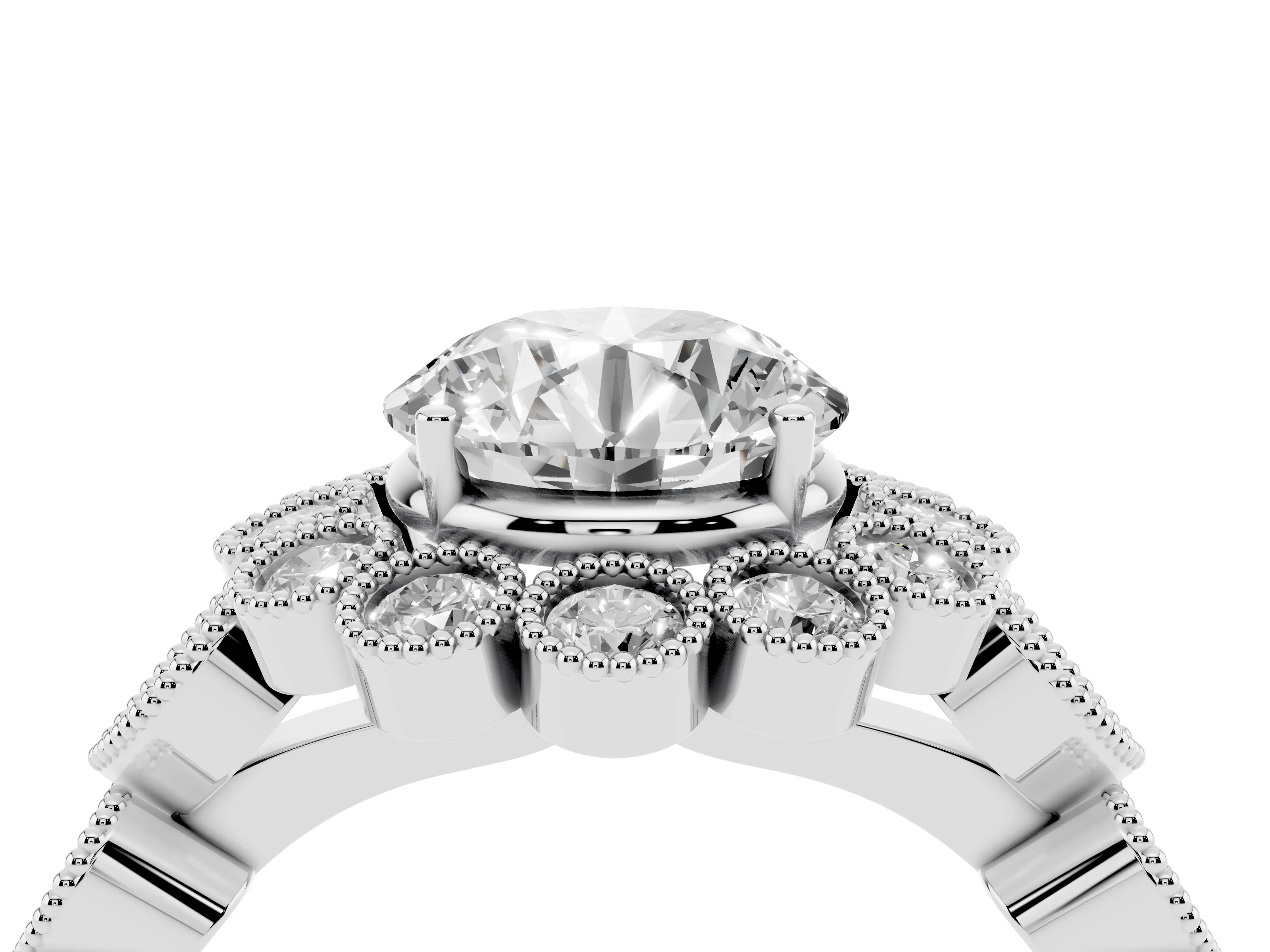 Round Cut Diamond Solitaire Ring Set in Silver with Milgrain Pavé Heart Band
