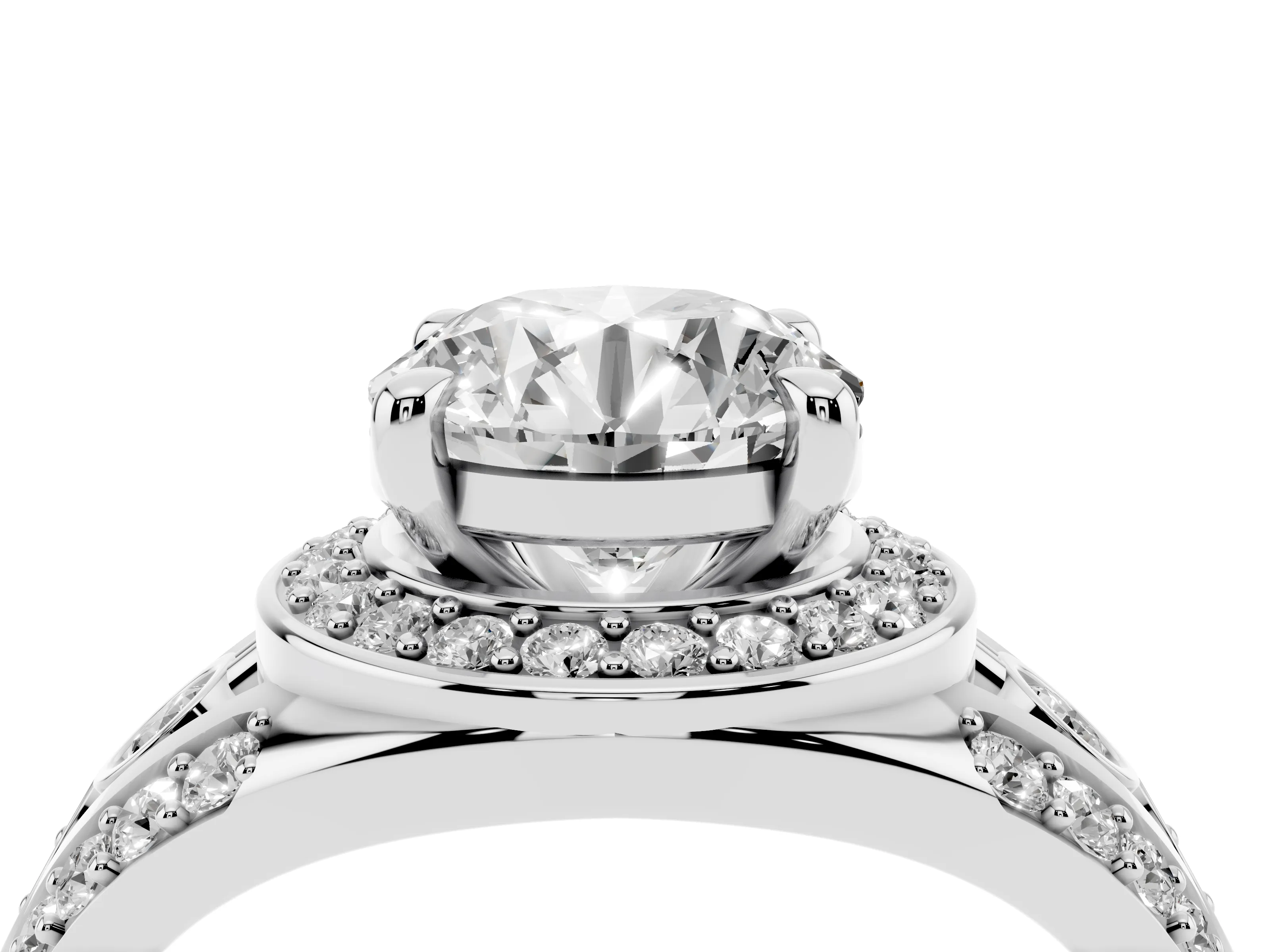 Round Cut Diamond Halo Ring Set in Silver with Pavé Split Shank and Bezel Accents