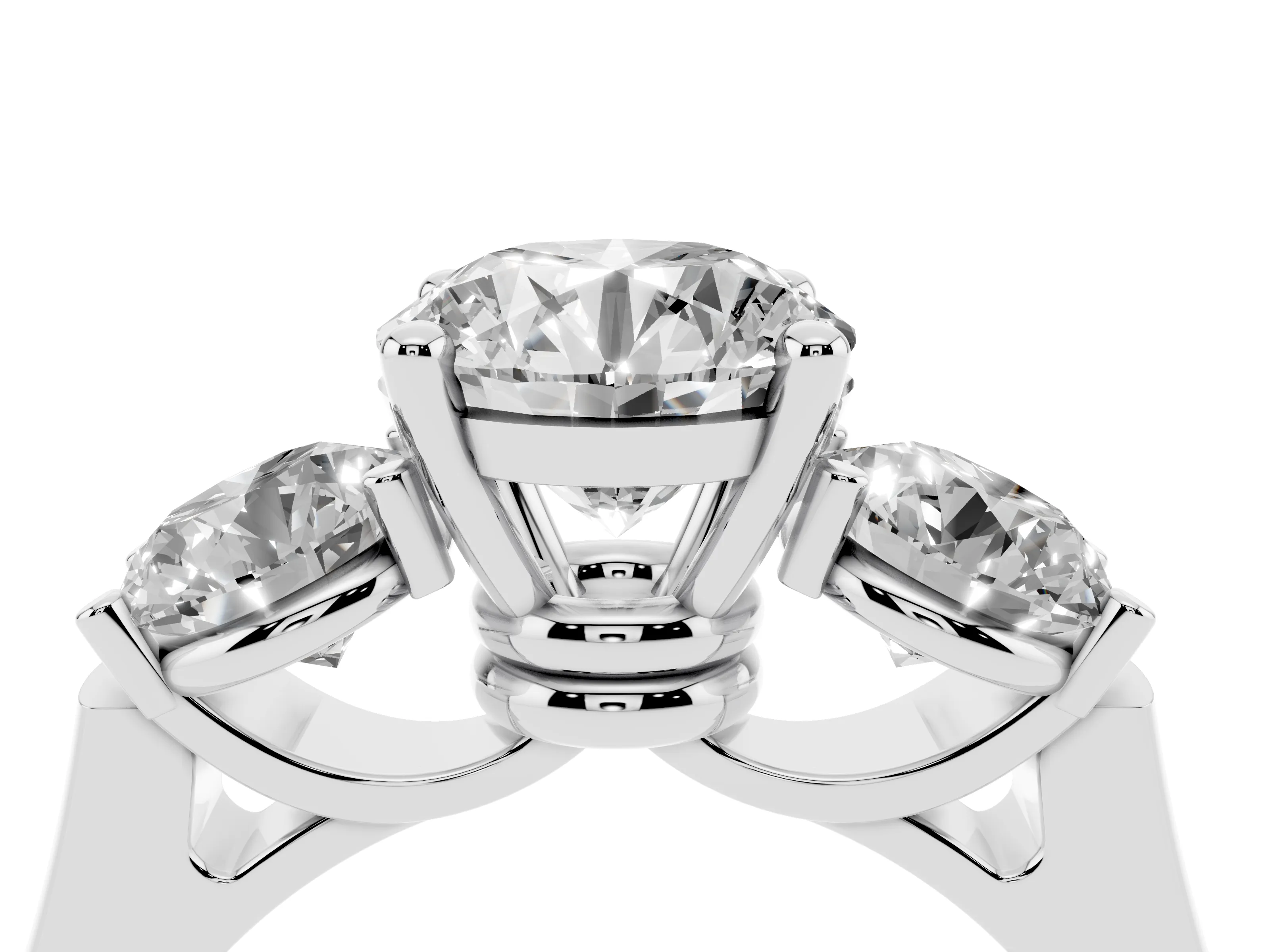Round Cut Diamond Three-Stone Trellis Ring Set in White gold with Comfort Fit Band