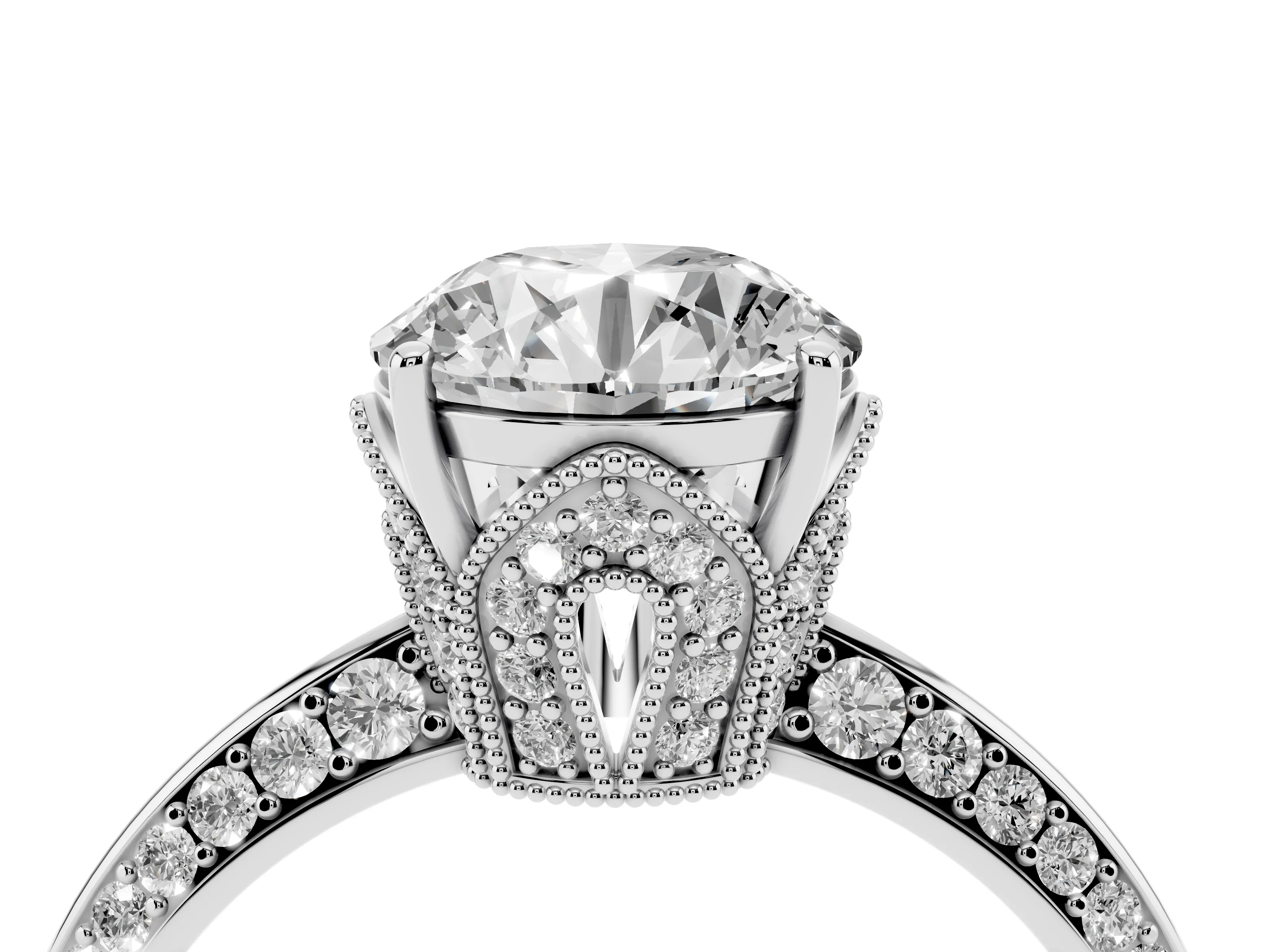 Round Cut Diamond Solitaire Engagement Ring Set in Silver with Pavé Split Shank and Prong Setting