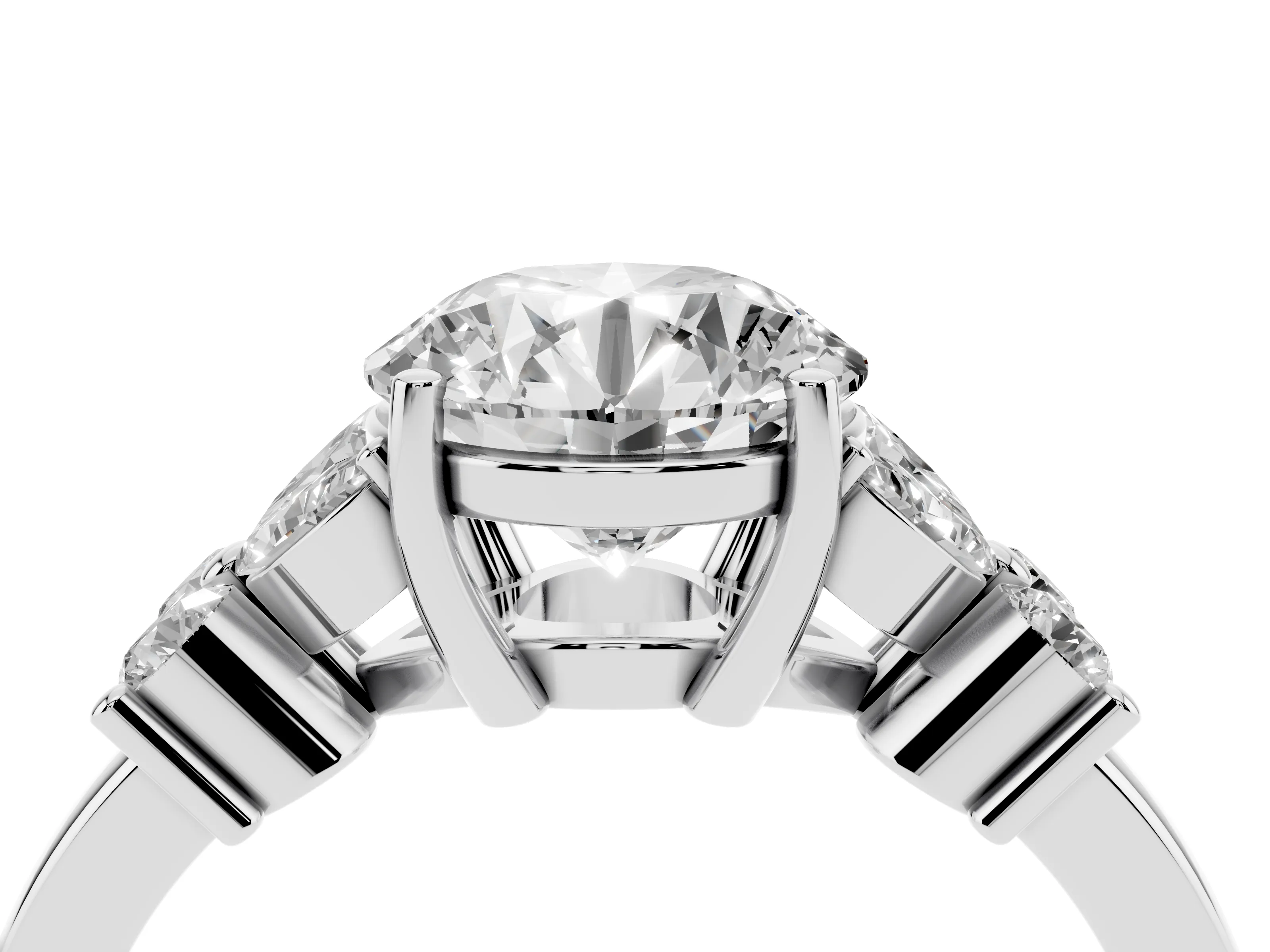 Round Cut Diamond Floral Cluster Ring Set in Silver with Marquise Petals and Prong Setting