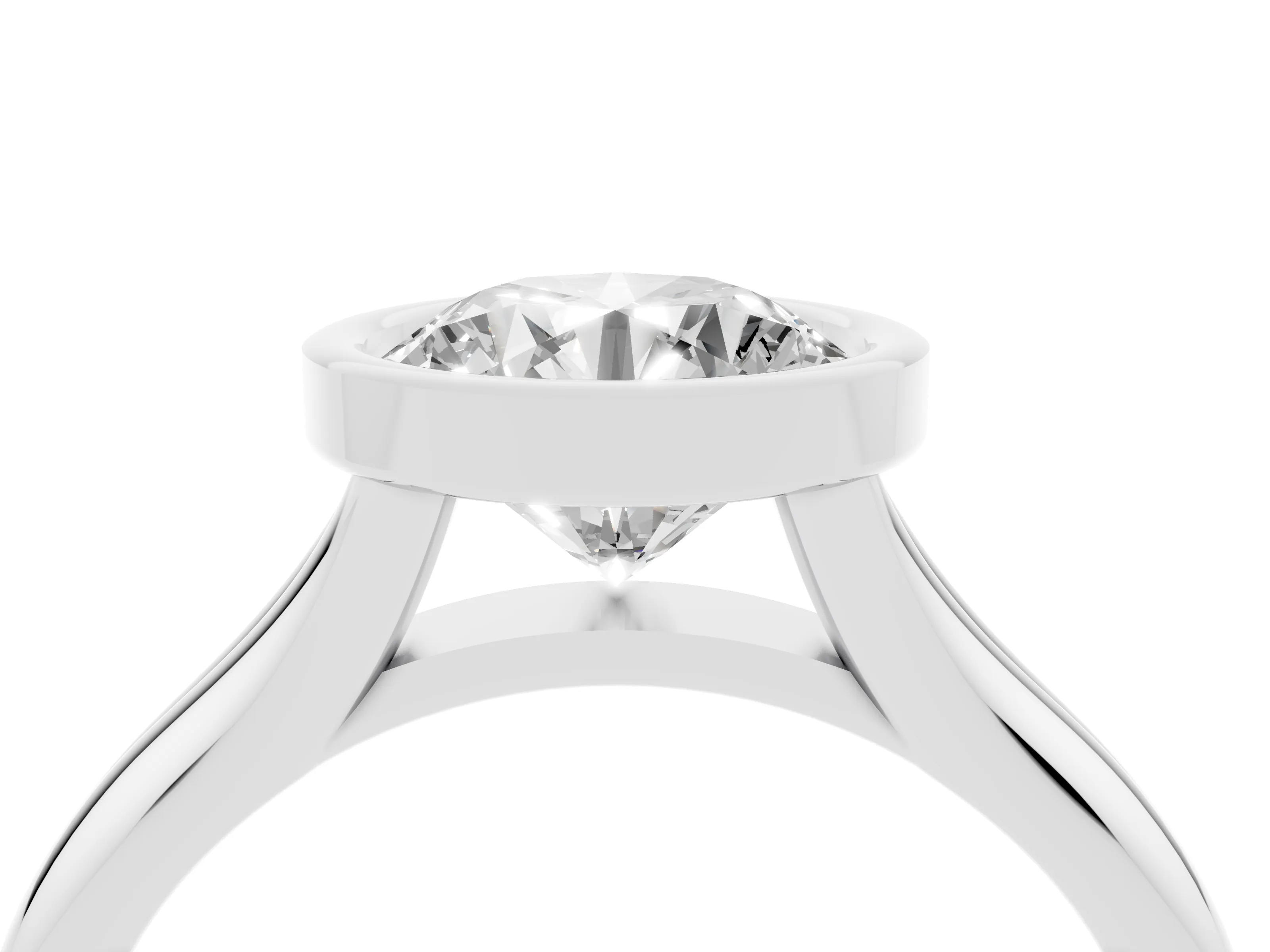 Bezel Set Round Cut Diamond Solitaire Ring Set in Platinum with Smooth Band