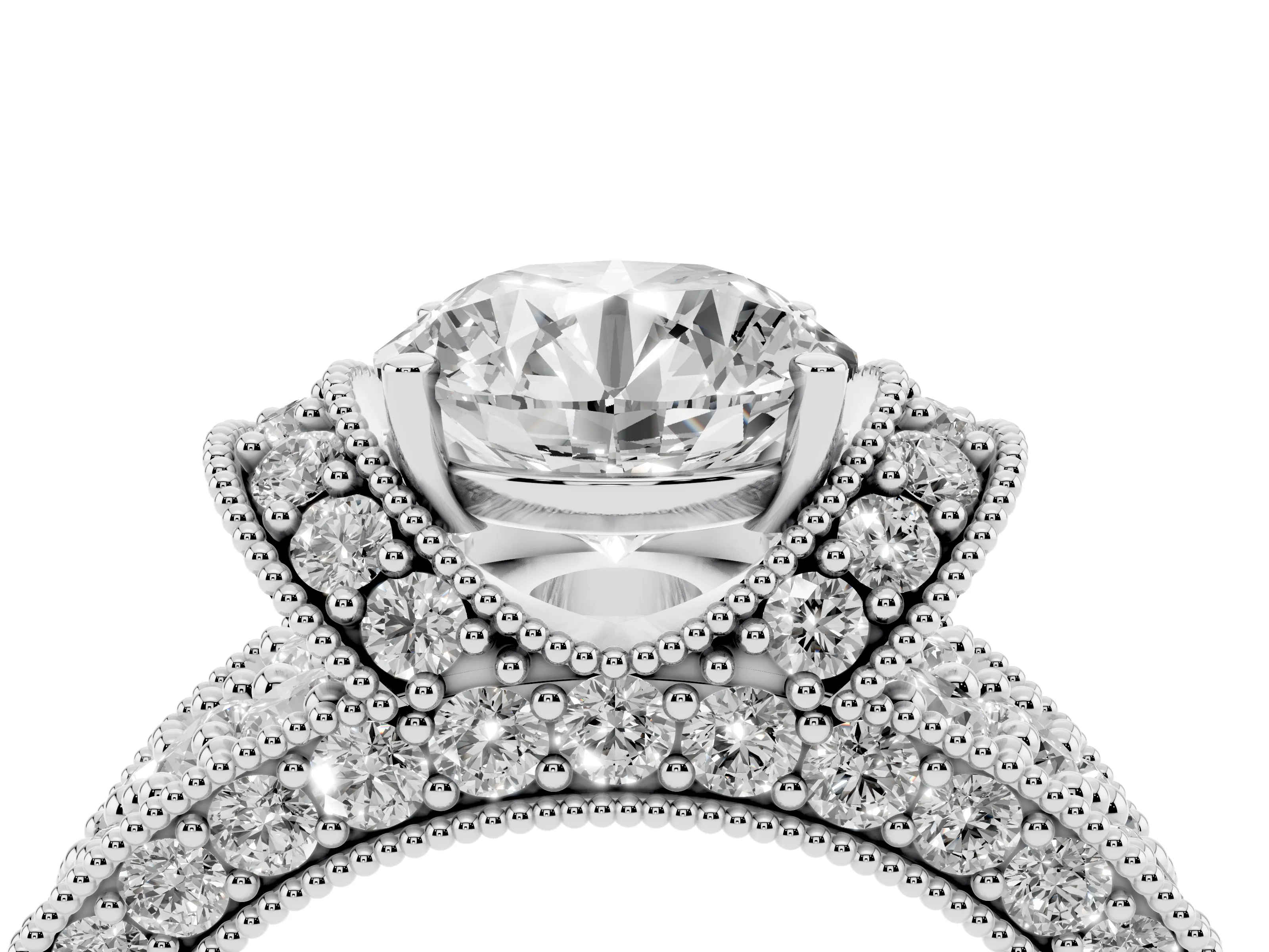 Round Cut Diamond Milgrain Halo Pavé Engagement Ring Set in White gold with Prong Setting