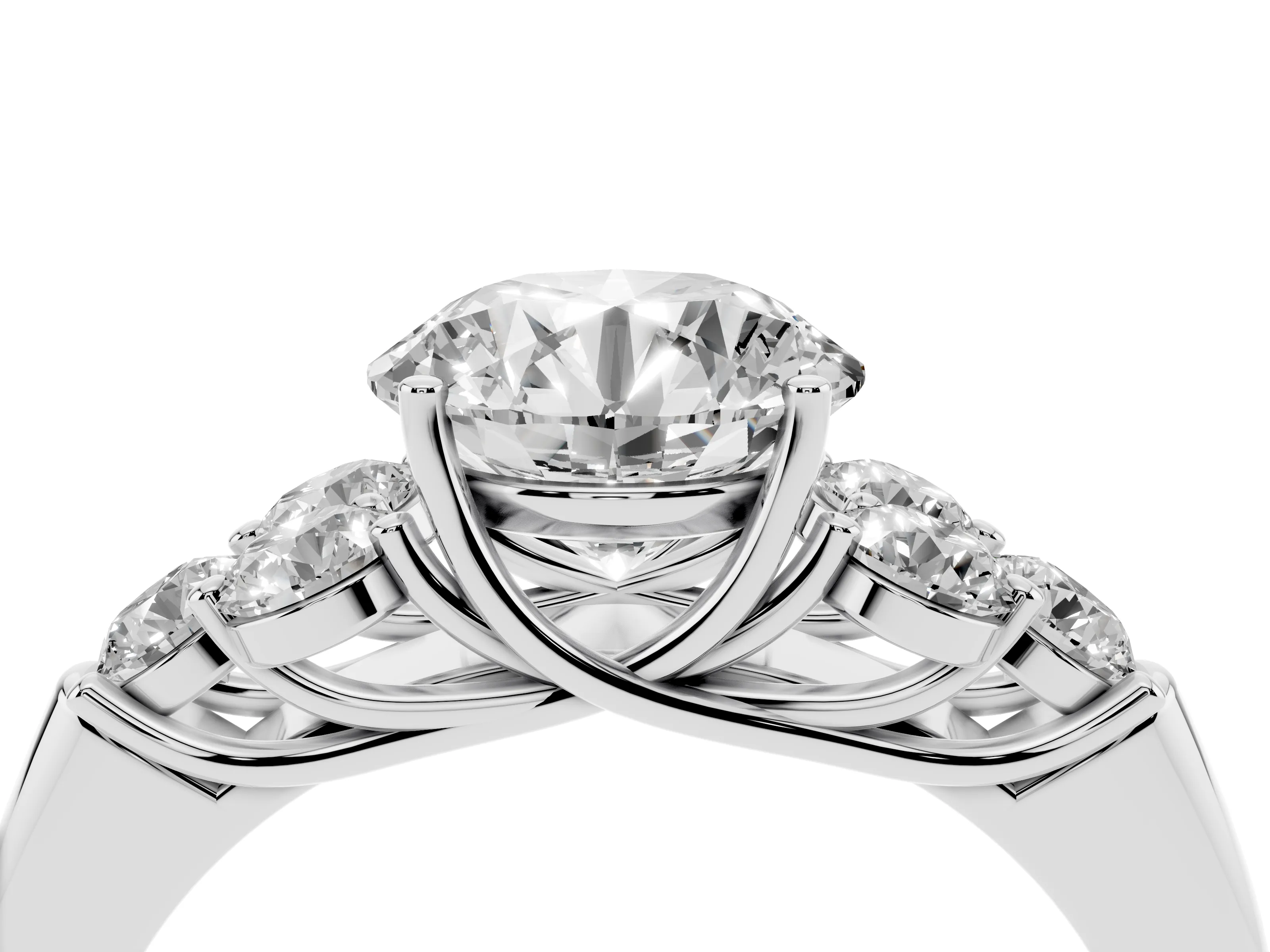 Round Cut Diamond Cluster Ring Set in Platinum with Round Accent Stones and Prong Setting on a Plain Band