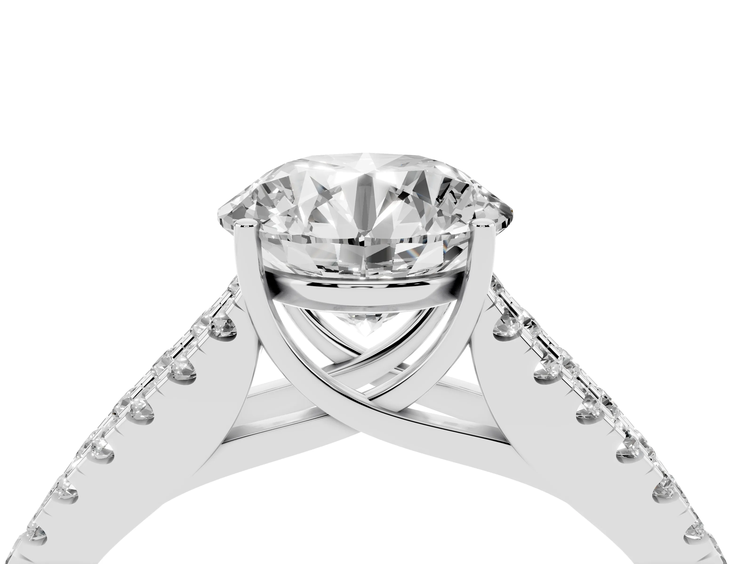 Round Cut Diamond Split Shank Pavé Engagement Ring Set in White gold with Prong-Held Center Stone