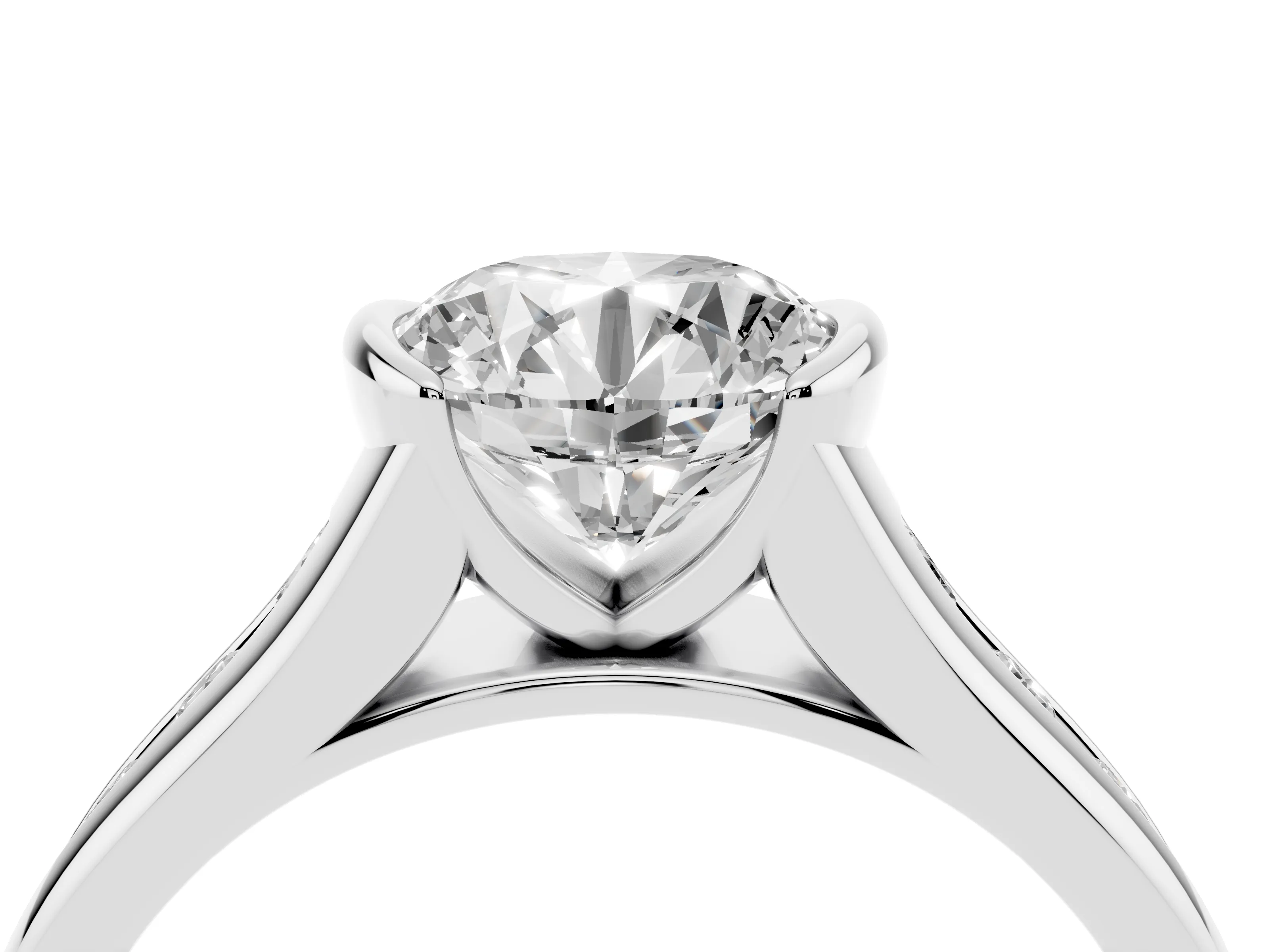 Round Cut Diamond Bezel-Set Solitaire Ring Set in White gold with Channel-Set Band