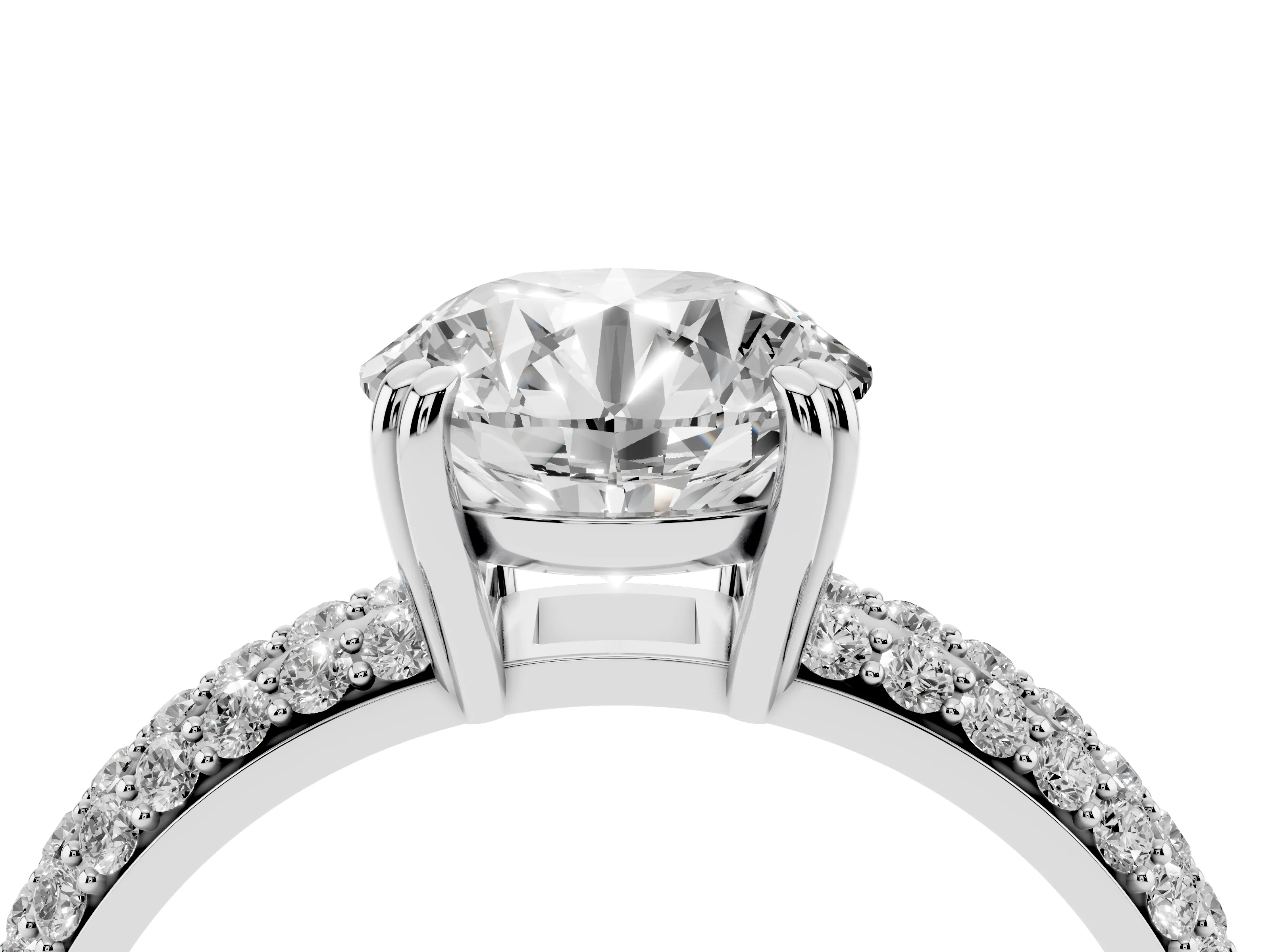 Round Cut Diamond Solitaire Ring Set in Platinum with Multi-Row Round Pavé Band and Prong Setting