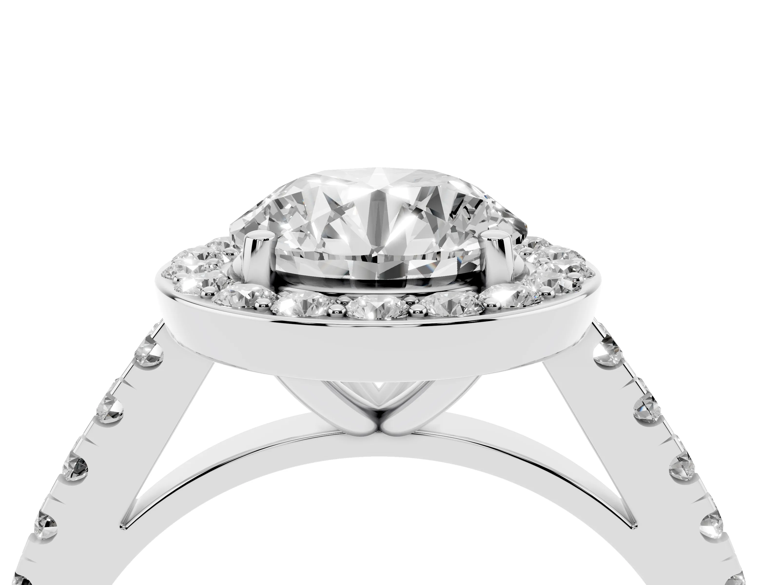 Round Cut Diamond Halo Ring Set in Silver with Round Pavé Split Shank and Prong Setting