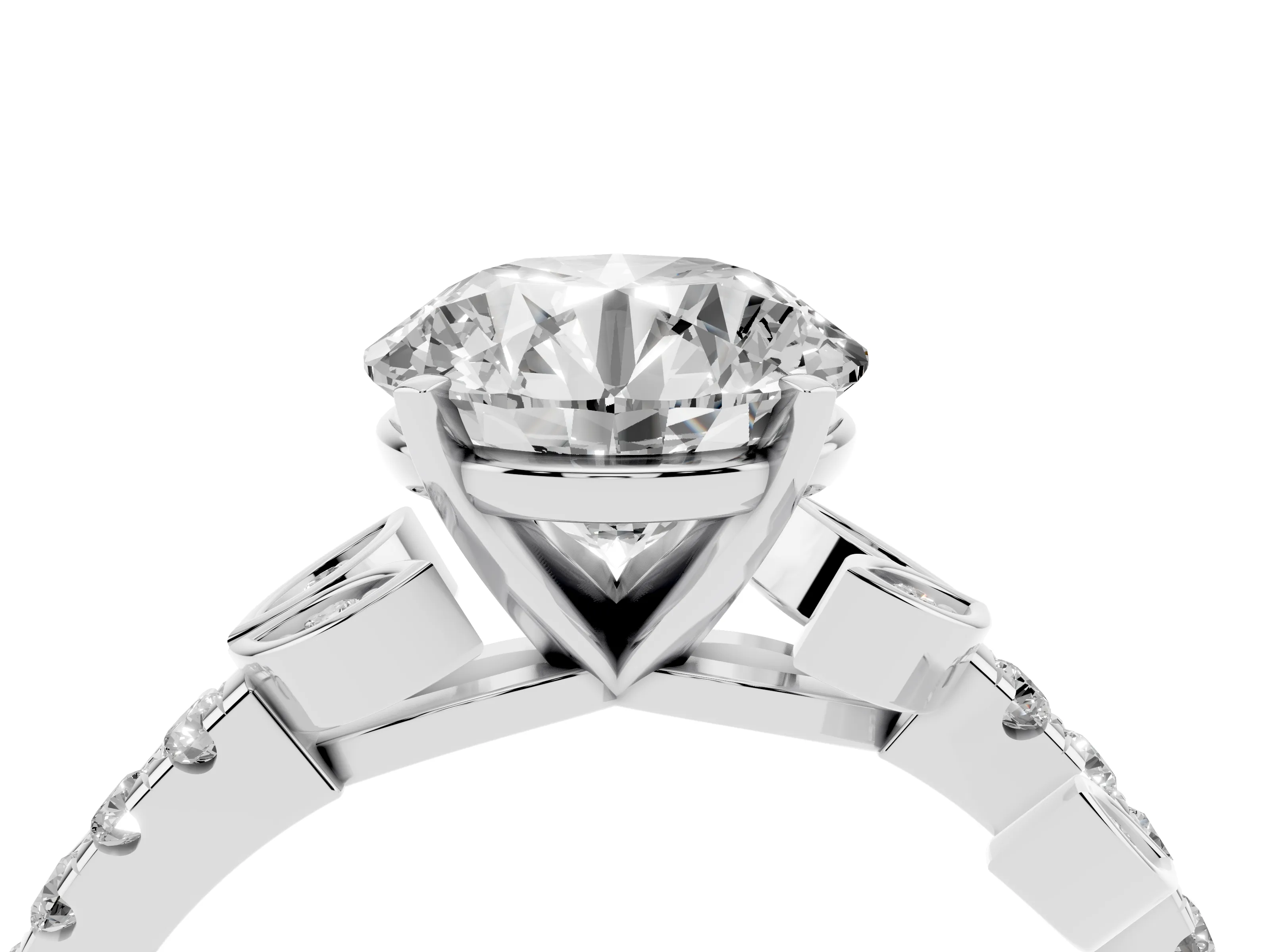 Round Cut Diamond Solitaire Leaf-Inspired Ring Set in Platinum with Pavé Band and Prong Setting