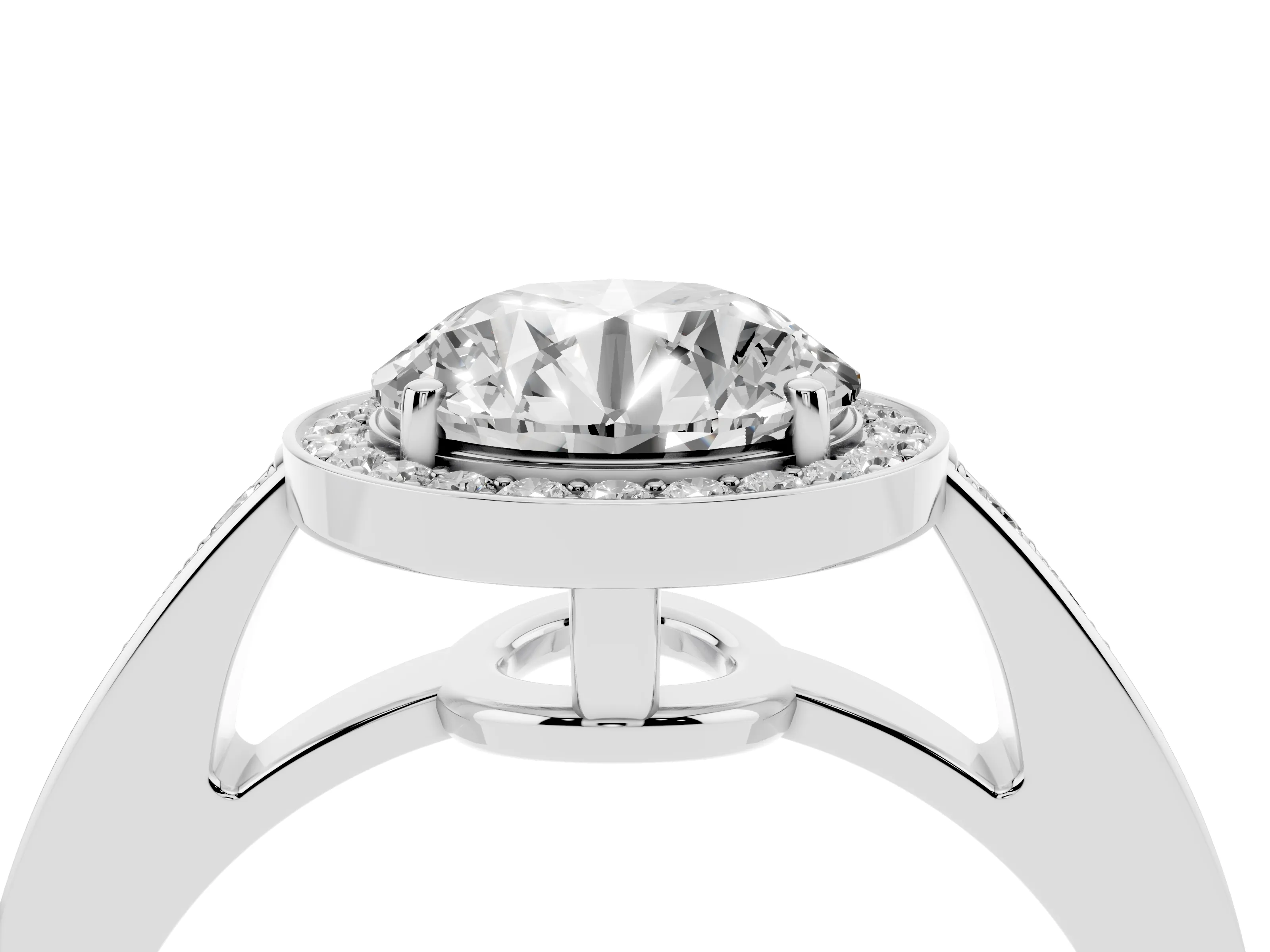 Round Cut Diamond Halo Pavé Engagement Ring Set in White gold with Bezel Setting