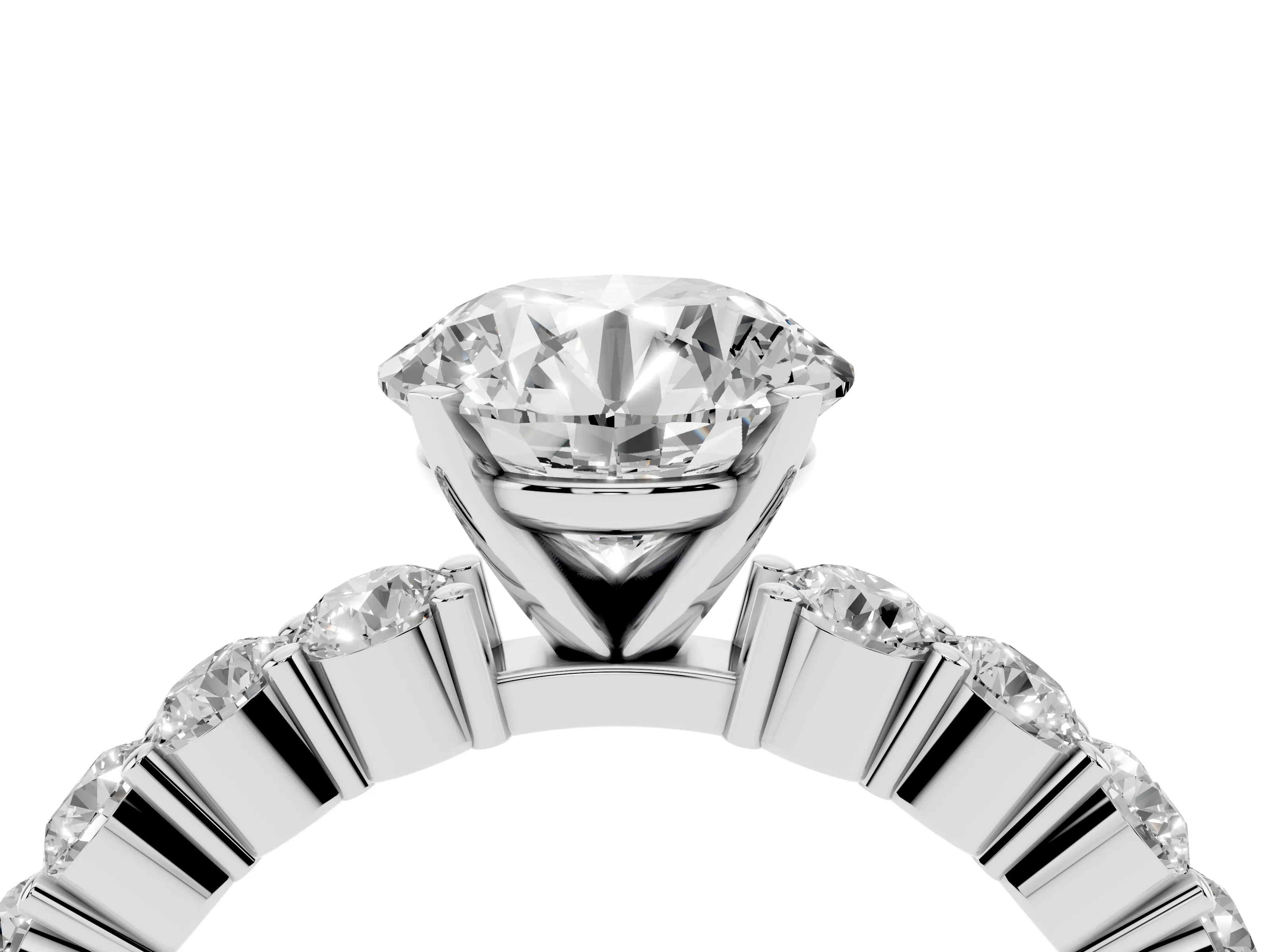 Round Cut Diamond Solitaire Ring Set in Silver with Shared Prong Round Side Stones