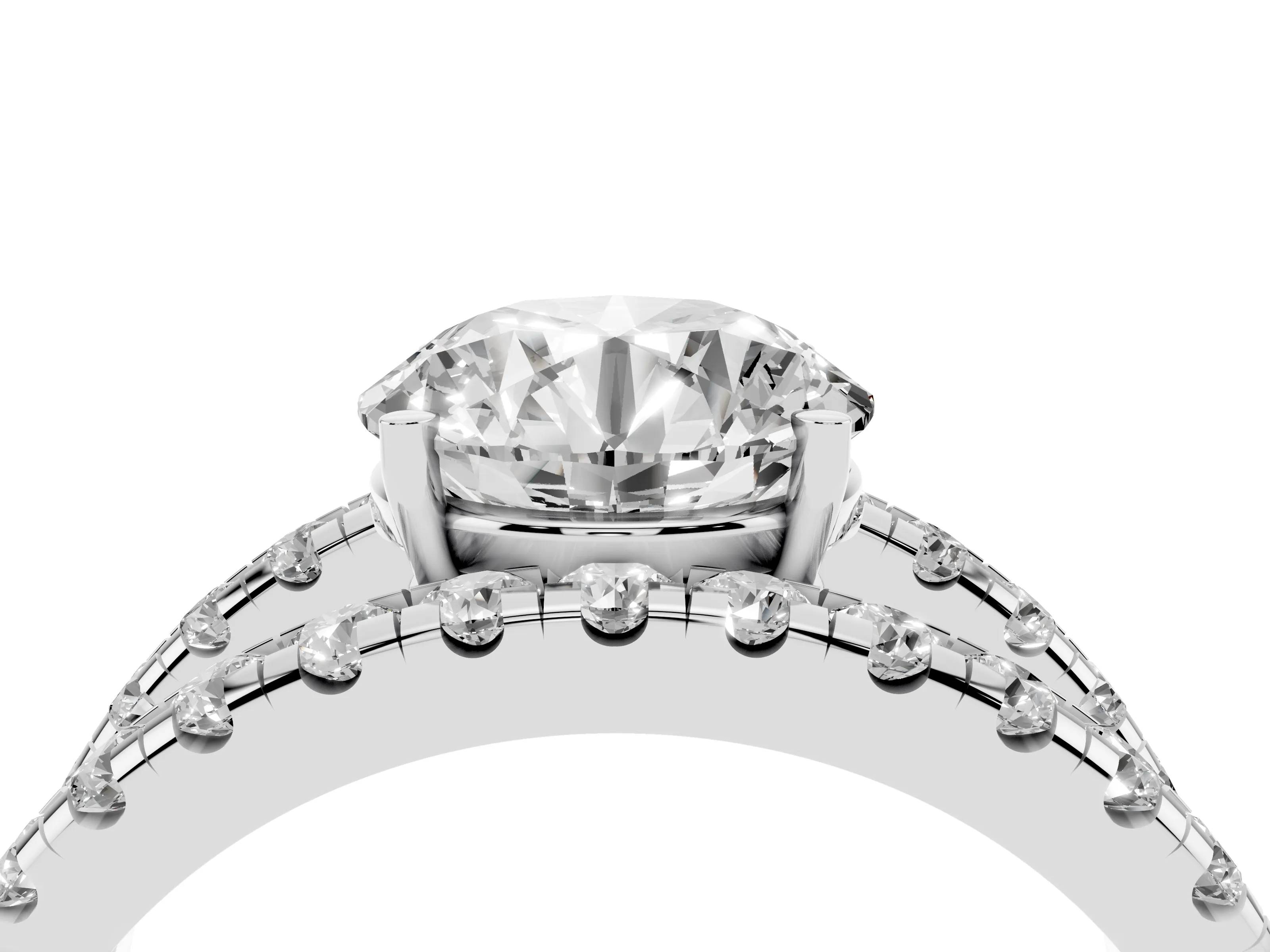 Round Cut Diamond Split Shank Pavé Solitaire Ring Set in White gold with Open Shank Design