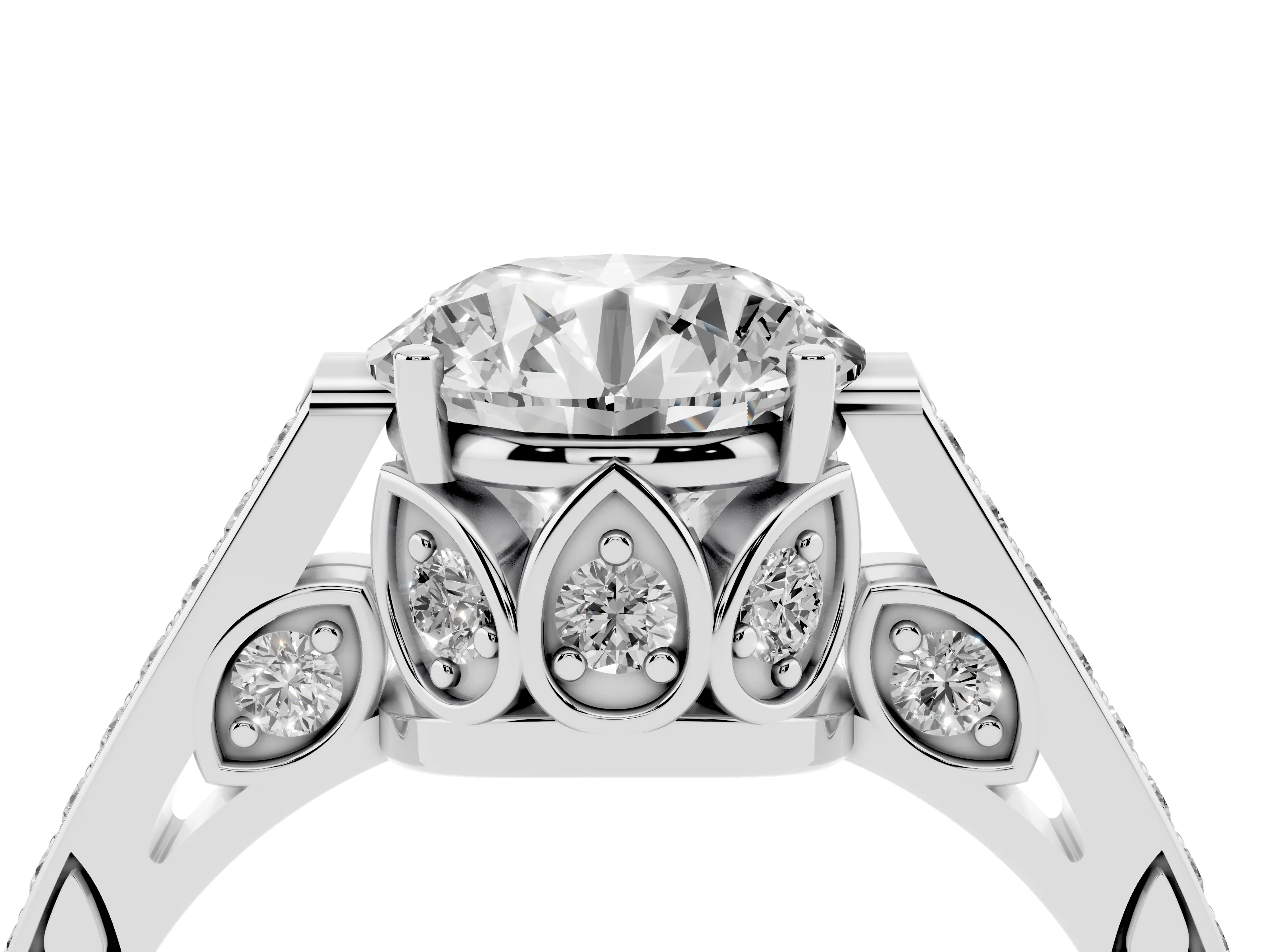 Round Cut Diamond Cathedral Pavé Engagement Ring Set in Silver with Prong Setting