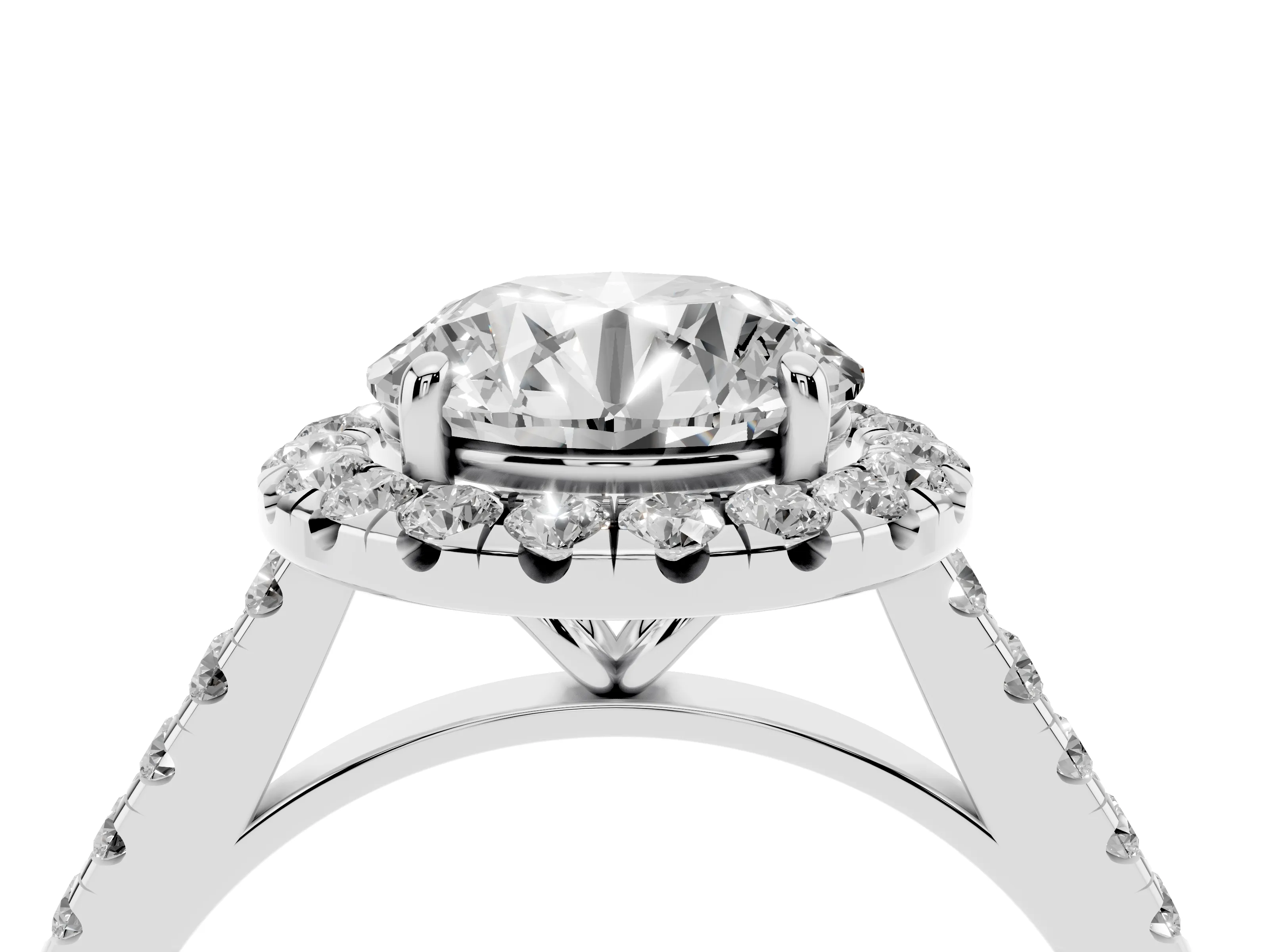 Round Cut Diamond Halo Pavé Engagement Ring Set in White gold with Prong Setting
