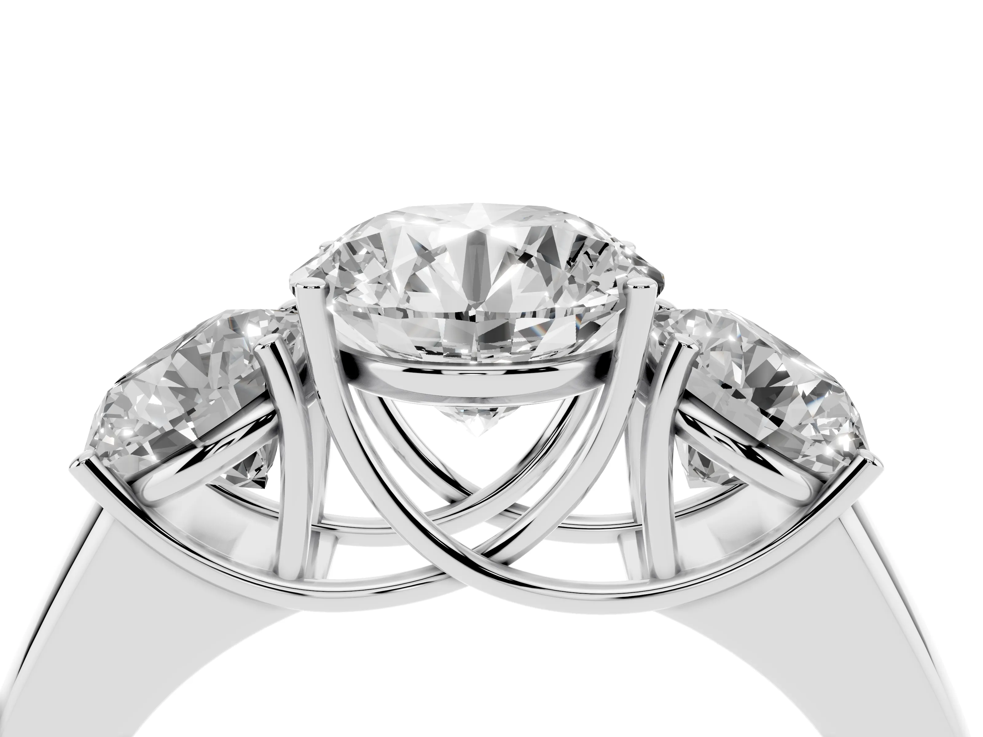 Three-Stone Round Cut Diamond Ring Set in Silver with Matching Prong Settings and Plain Band
