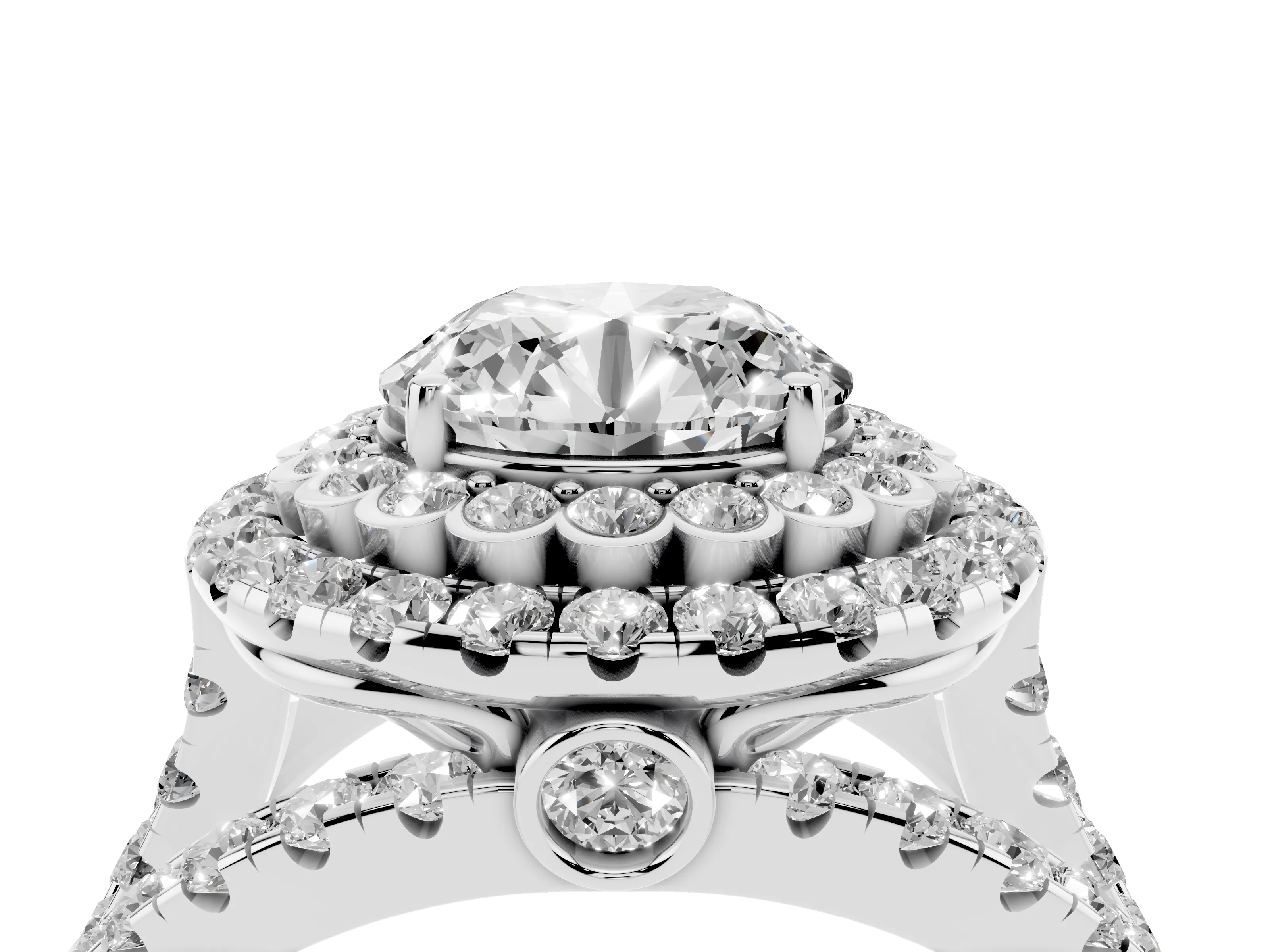 Round Cut Diamond Double Halo Ring Set in White gold with Round Pavé Split Shank