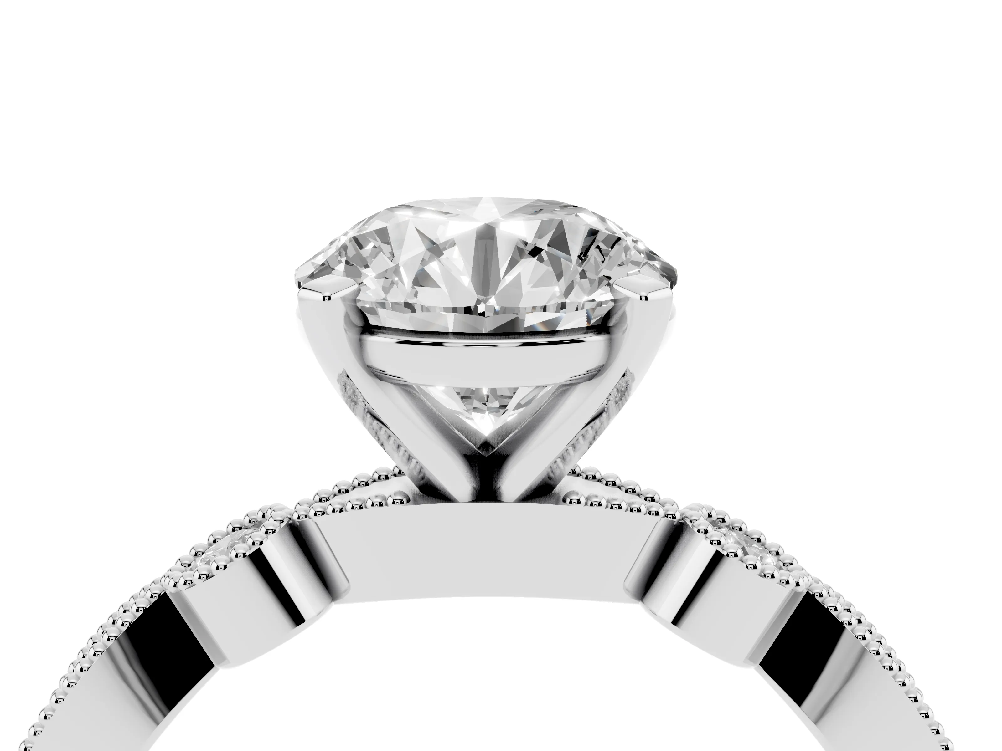Round Cut Diamond Solitaire Engagement Ring Set in Silver with Milgrain Bezel Accent Band