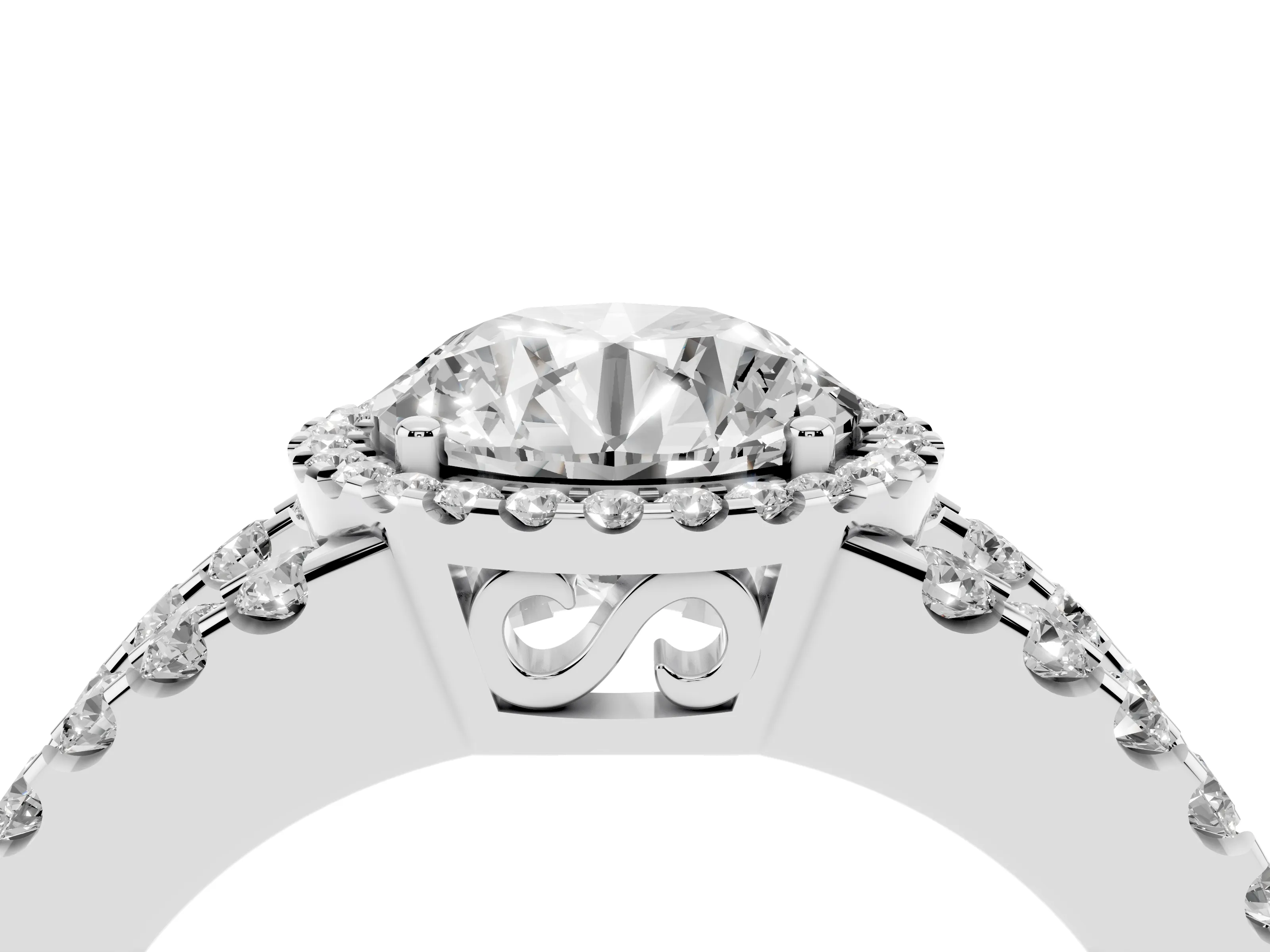 Round Cut Diamond Halo Ring Set in White gold with Pavé Split Shank and Prong Setting