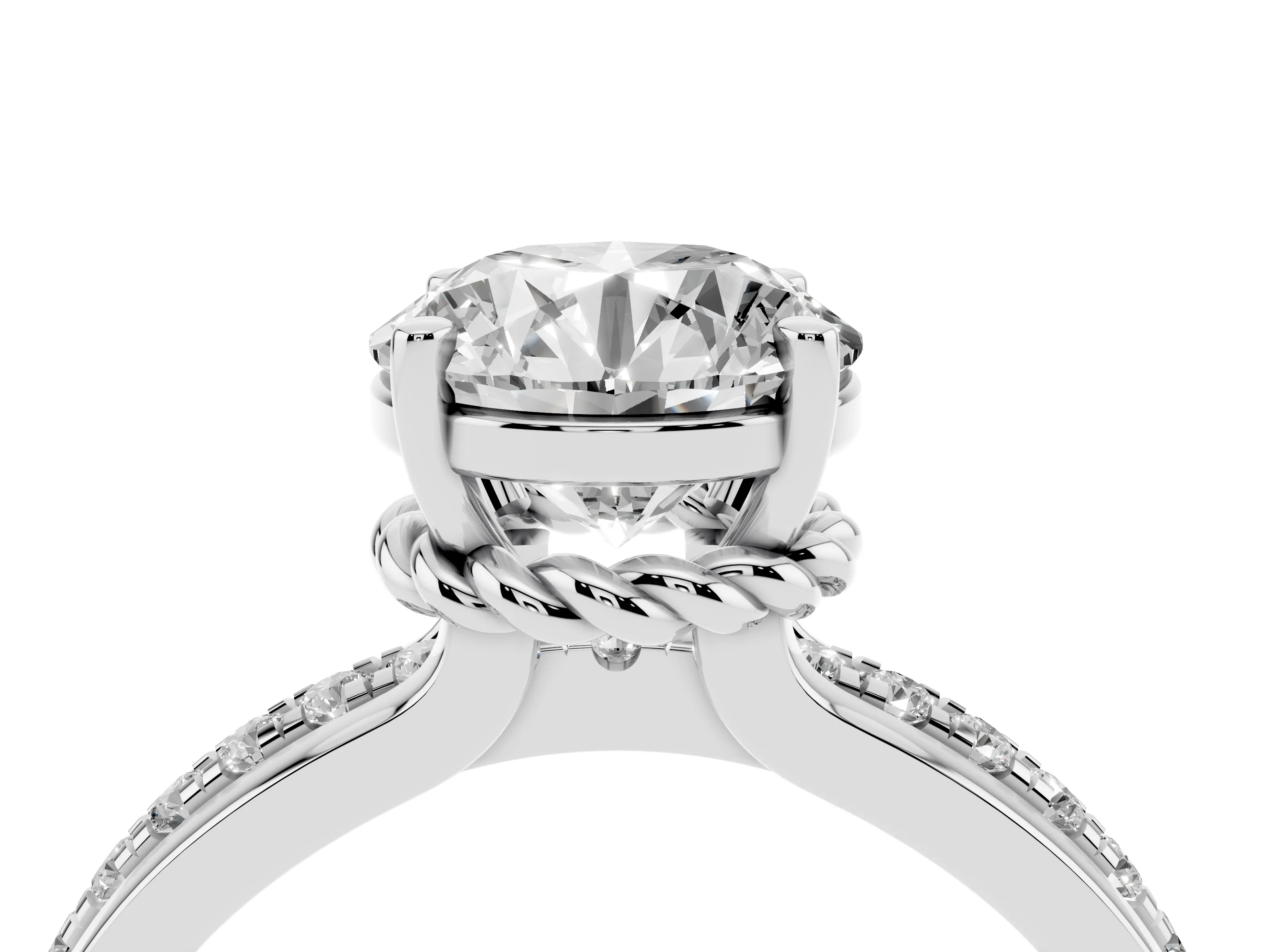 Round Cut Diamond Solitaire Ring Set in Platinum with Channel Set Band and Prong Setting