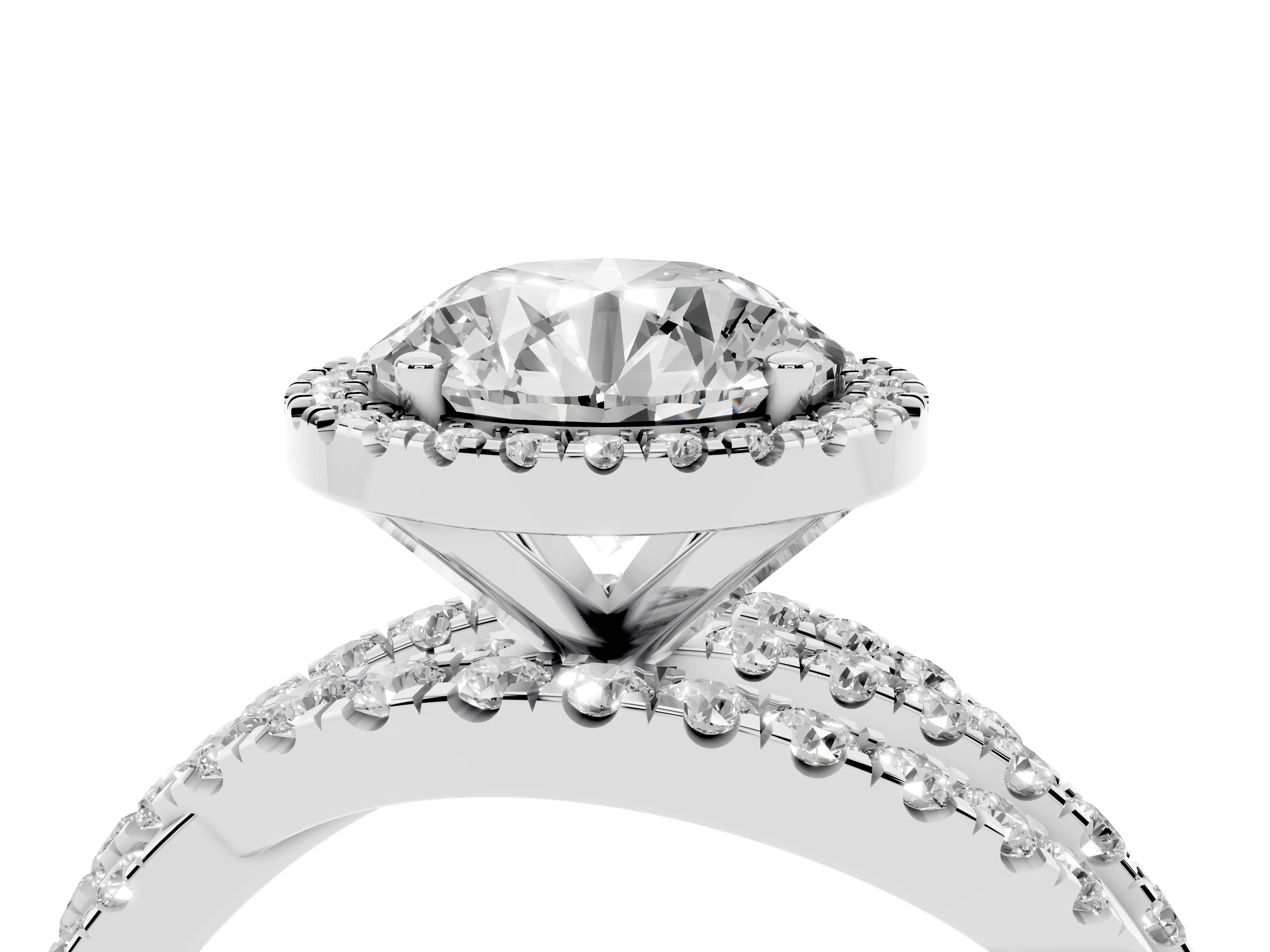 Round Cut Diamond Halo Ring Set in White gold with Round Crossover Split Shank and Prong Setting