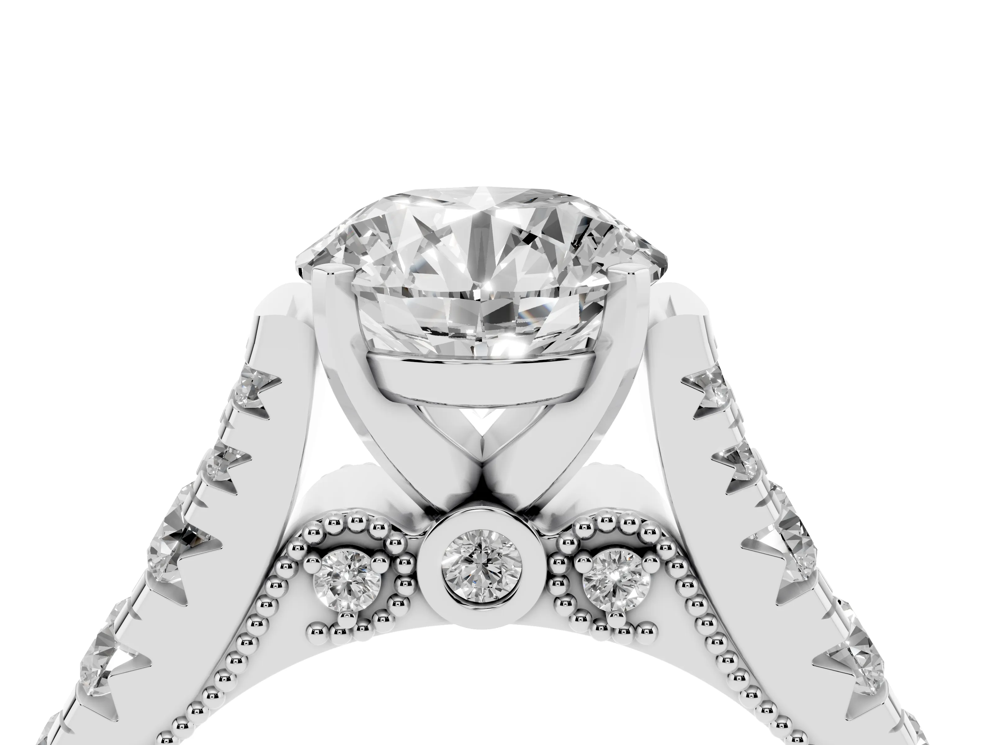 Round Cut Diamond Classic Solitaire Ring Set in Platinum with Pavé Band and Prong Setting